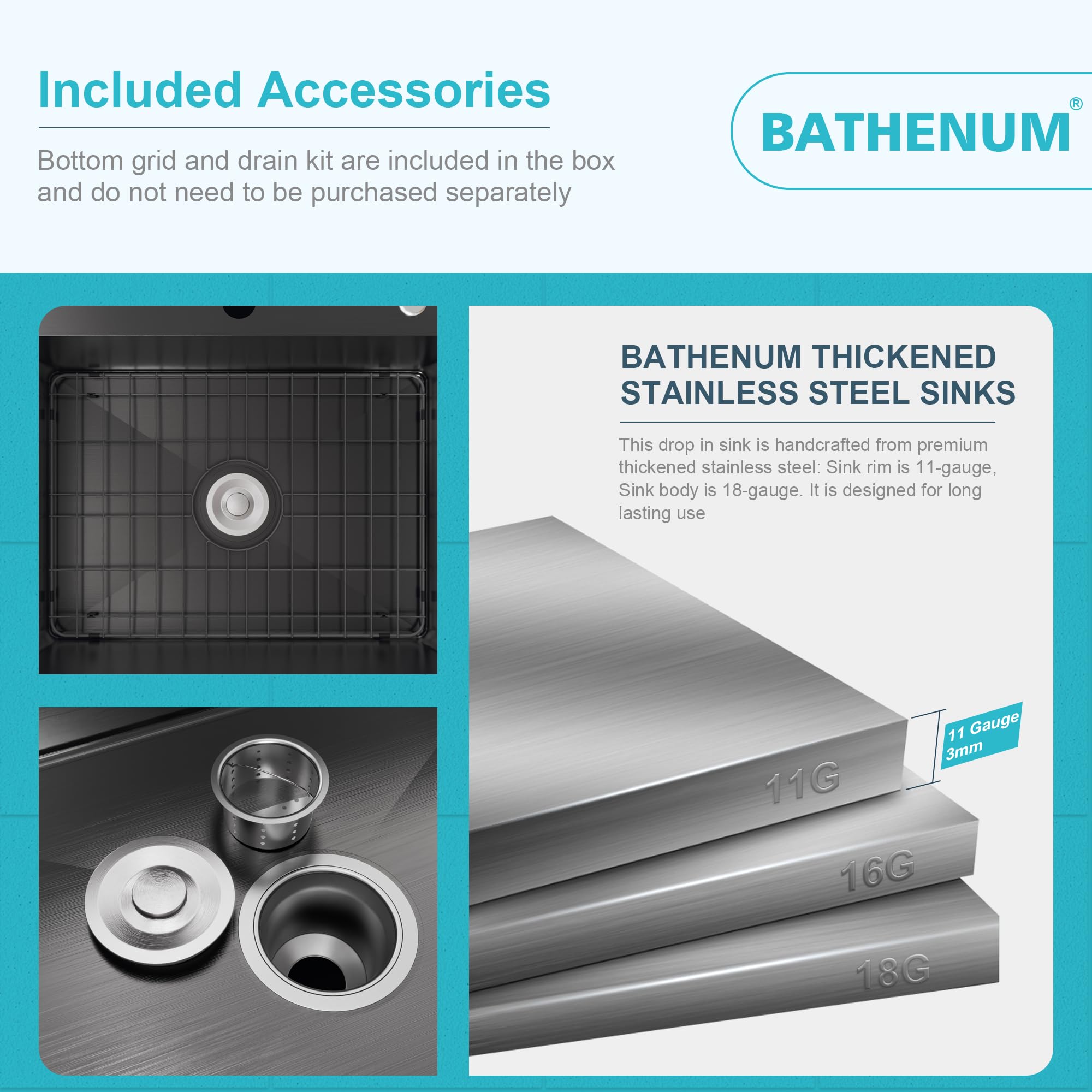 Bathenum 22'' X 18'' Drop In Kitchen Sink 304 Stainless Steel Single Bowl Topmount Bar Sink With Drain Kit And Bottom Grid, Blac