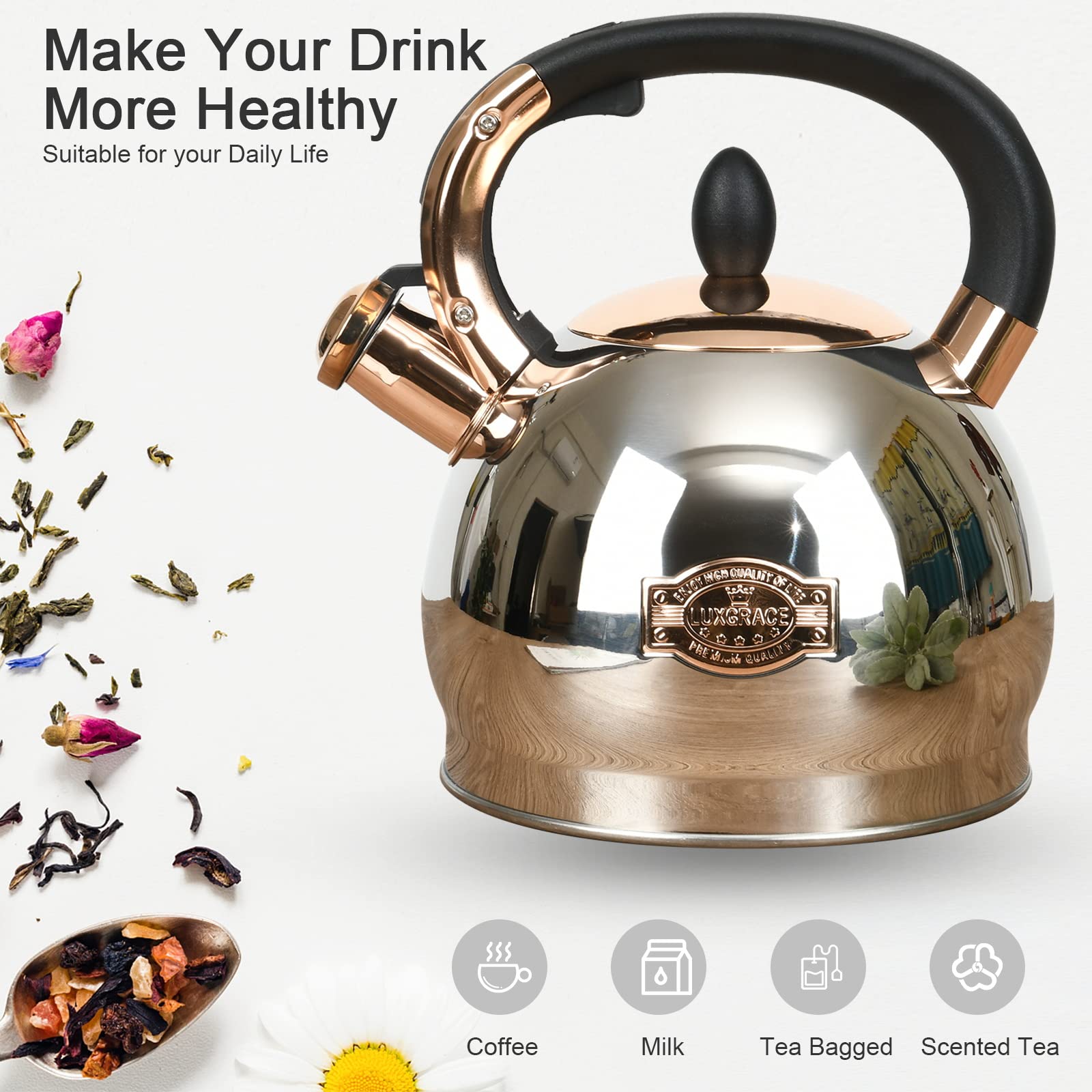 LUXGRACE Stainless Steel Whistling Tea Kettle, 2.8 Quart, Silver, Model T04, Quick Heat Distribution, Metal Capsulated Bottom