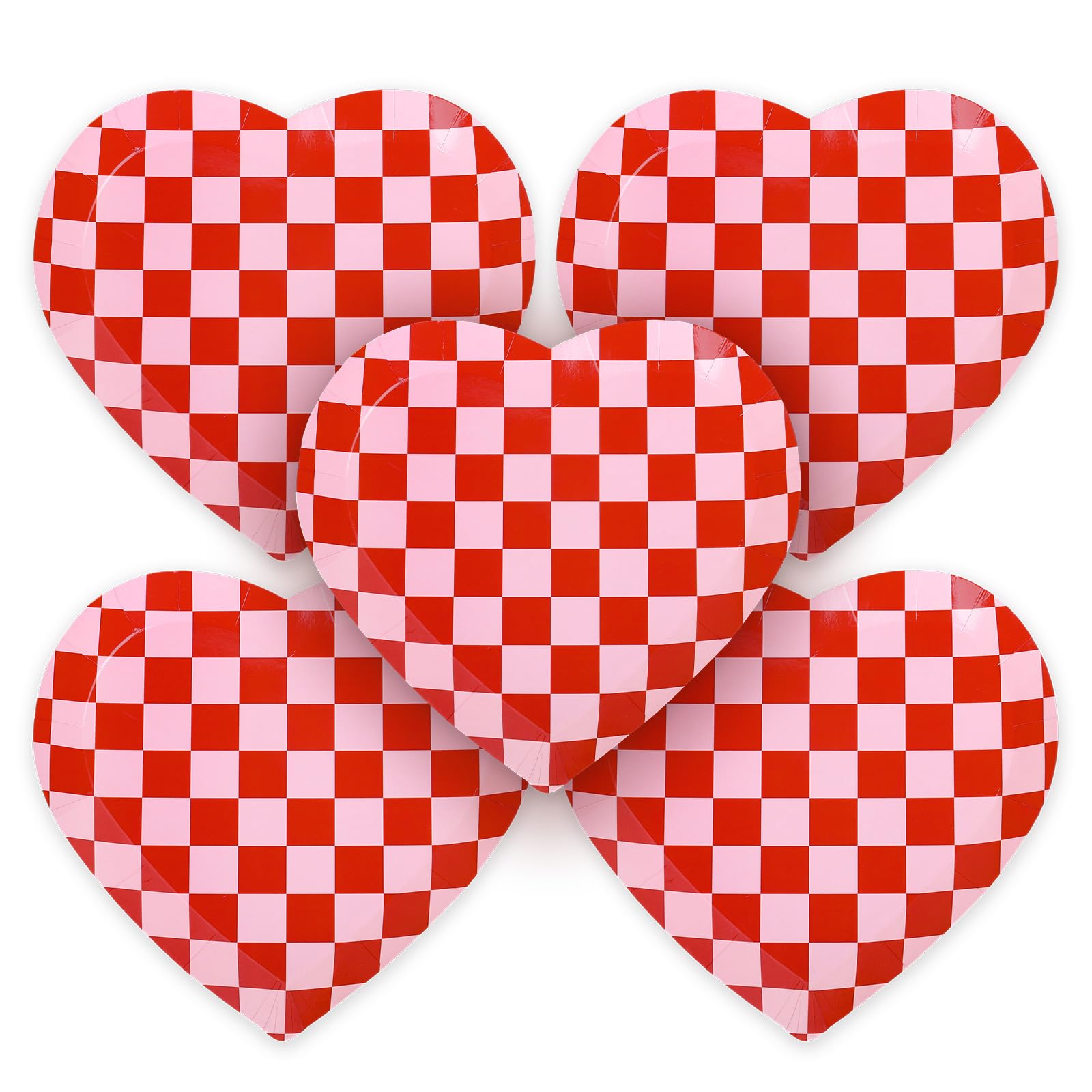 Whaline 40Pcs Valentine'S Day Paper Plates Plaid Love Heart Shape Disposable Plates Red Pink Checkered Heart Party Tableware For