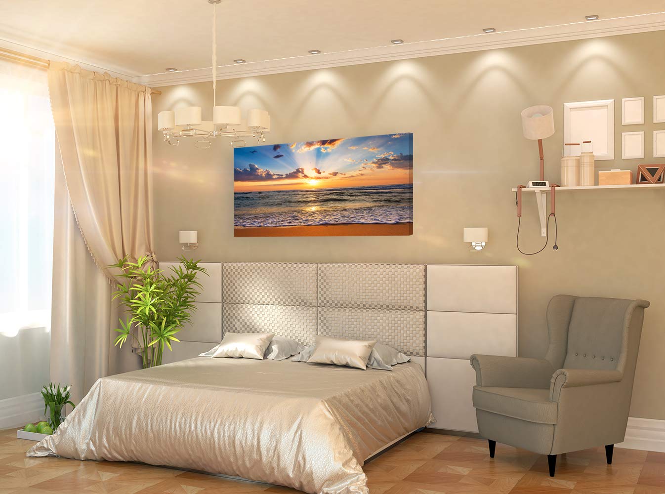 Muolunna BK1850 Wall Art Decor Large Canvas Print Picture Sunrise Ocean Beach Waves Scenery Modern Painting Artwork for Office Wall Decor Home Decoration Stretched and Framed Ready to Hang  20x40inch x1pcs