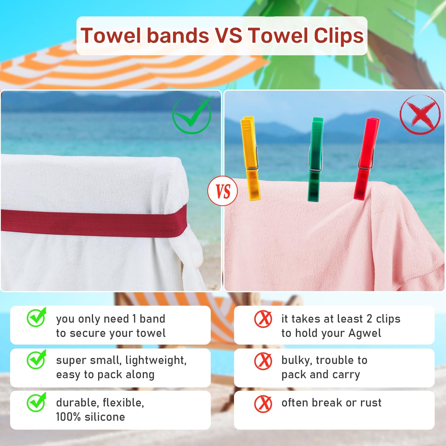 Beach Towel Bands (4 Pack), Beach Chair, Pool Chairs & Cruise Ship Essentials, The Better Towel Chair Clips Towel Holder Beach T
