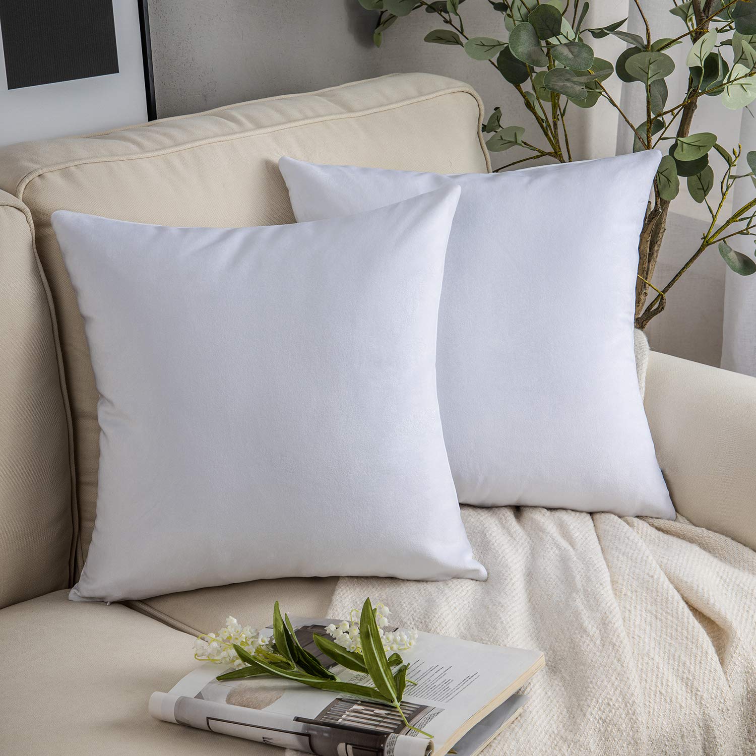 Phantoscope Pack Of 2 Velvet Decorative Throw Pillow Covers Soft Solid Square Cushion Case For Couch White 24 X 24 Inches 60 X 6