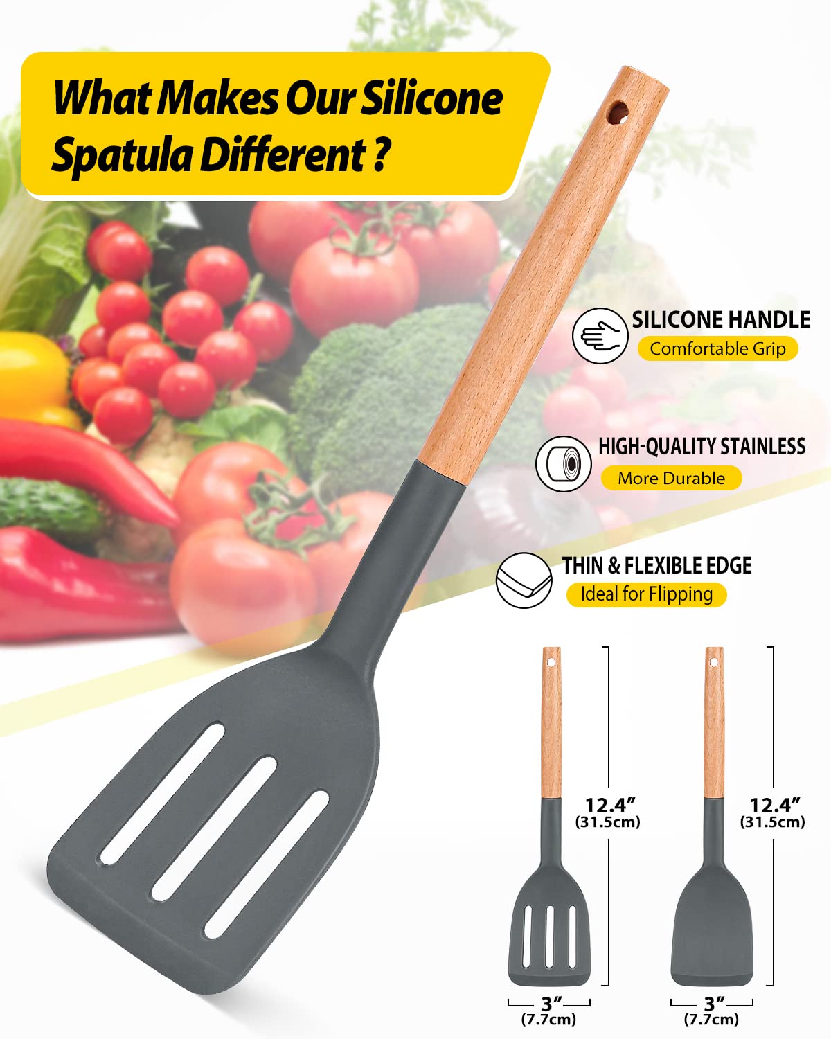 Pack Of 2 Silicone Cooking Spatula, Heat Resistant Solid Turner, Non Stick Slotted Spatulas With Wooden Short Handle,Ideal Wood