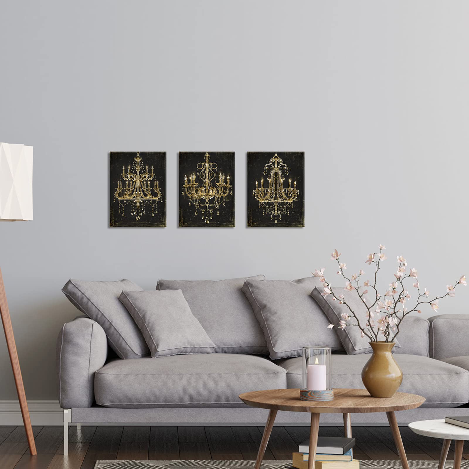 Ihappywall 3 Pieces Black And Gold Chandelier Canvas Wall Art Abstract Diamond Chandelier Crystal Lamp Picture Artwork For Home