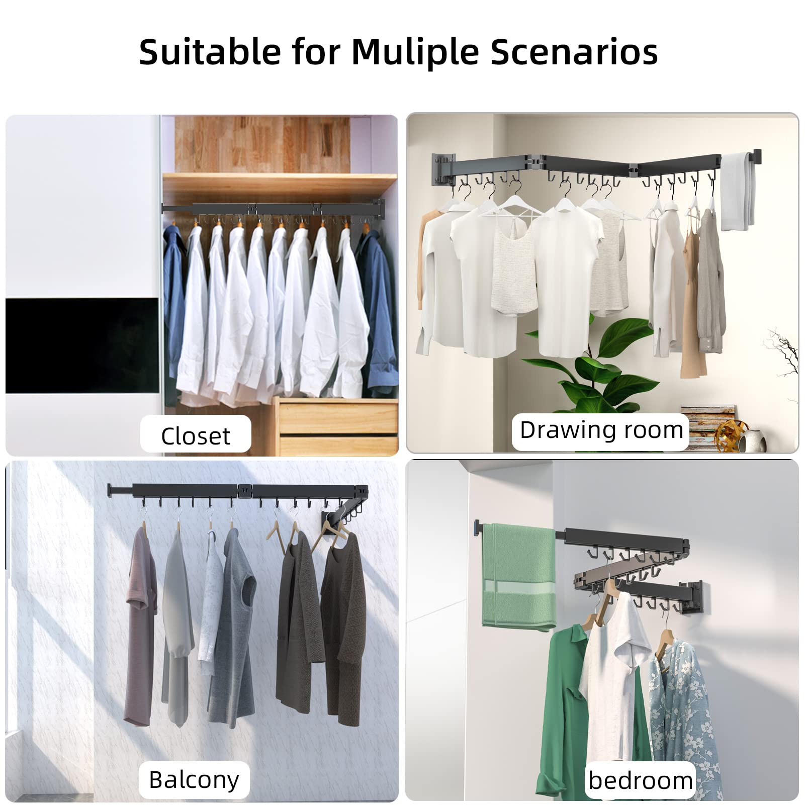 Kelisiting Retractable Clothes Drying Rack 2 Fold Black-Laundry Drying Rack Space Saver Premium Foldable Durable Clothes Rack for Laundry Balcony Bathroom Patio Dormitory Apartment