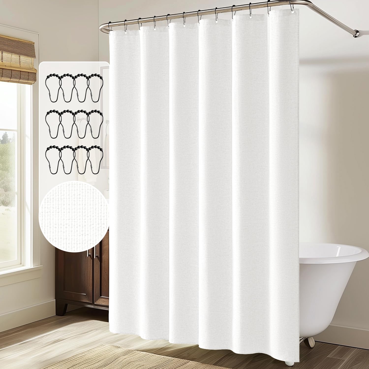 Miulee Extra Long Linen Shower Curtain 90 Inches Long With 12 Metal Hooks Washable Heavy Fabric Shower Curtain Set Waterproof Th