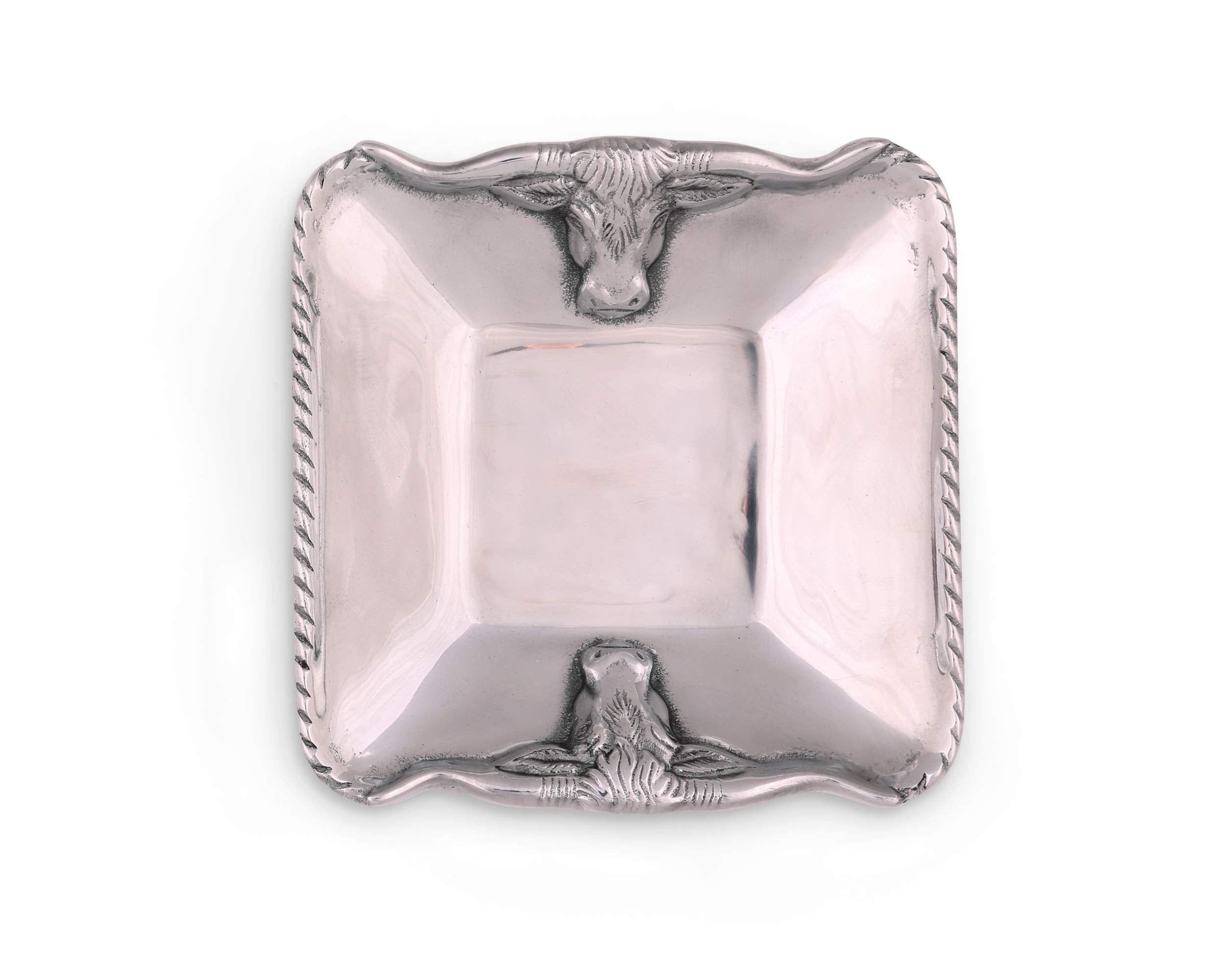 Arthur Court Designs Aluminum Longhorn Steer Texas Horn Nut Candy Sauce Serving Bowl Square 6.5 Inch Diameter