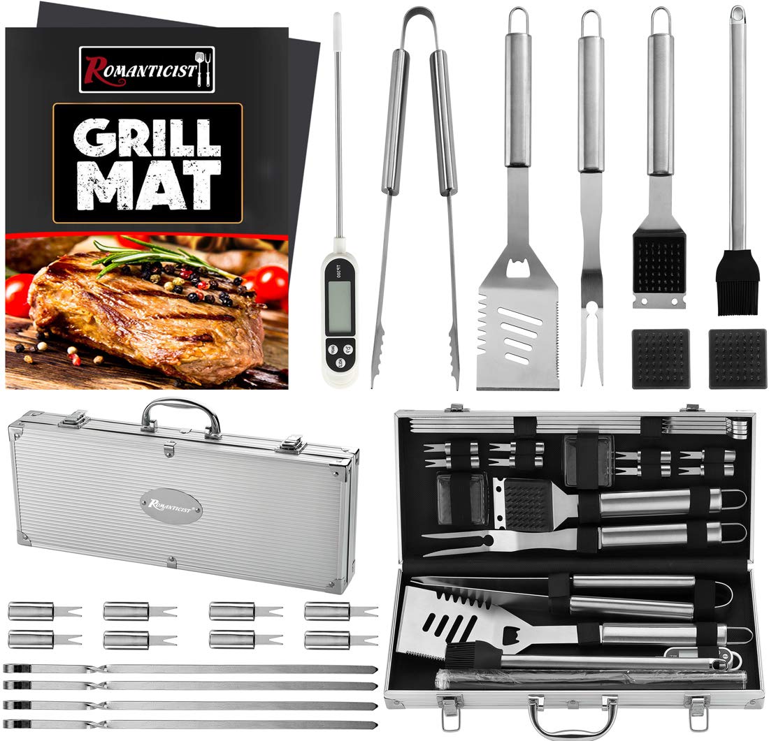 Romanticist 23Pc Must-Have Bbq Grill Accessories Set With Thermometer In Case - Stainless Steel Barbecue Tool Set With 2 Grill M