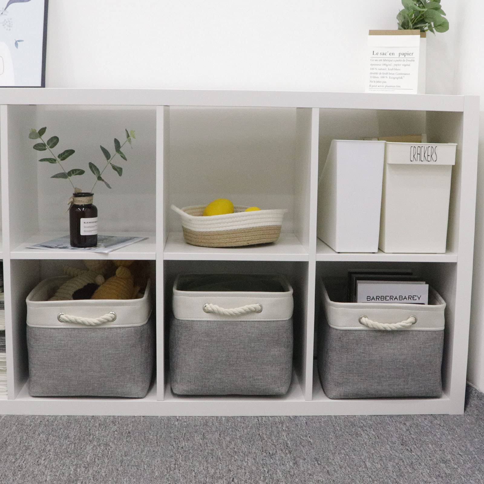 Bidtakay Baskets Set of 3 Storage Baskets for Organizing Large Fabric Storage Bins for Shelves Decorative Canvas Bins Collapsible Empty Baskets for Closet Nursery Clothes Toys Shoes(White&Grey)