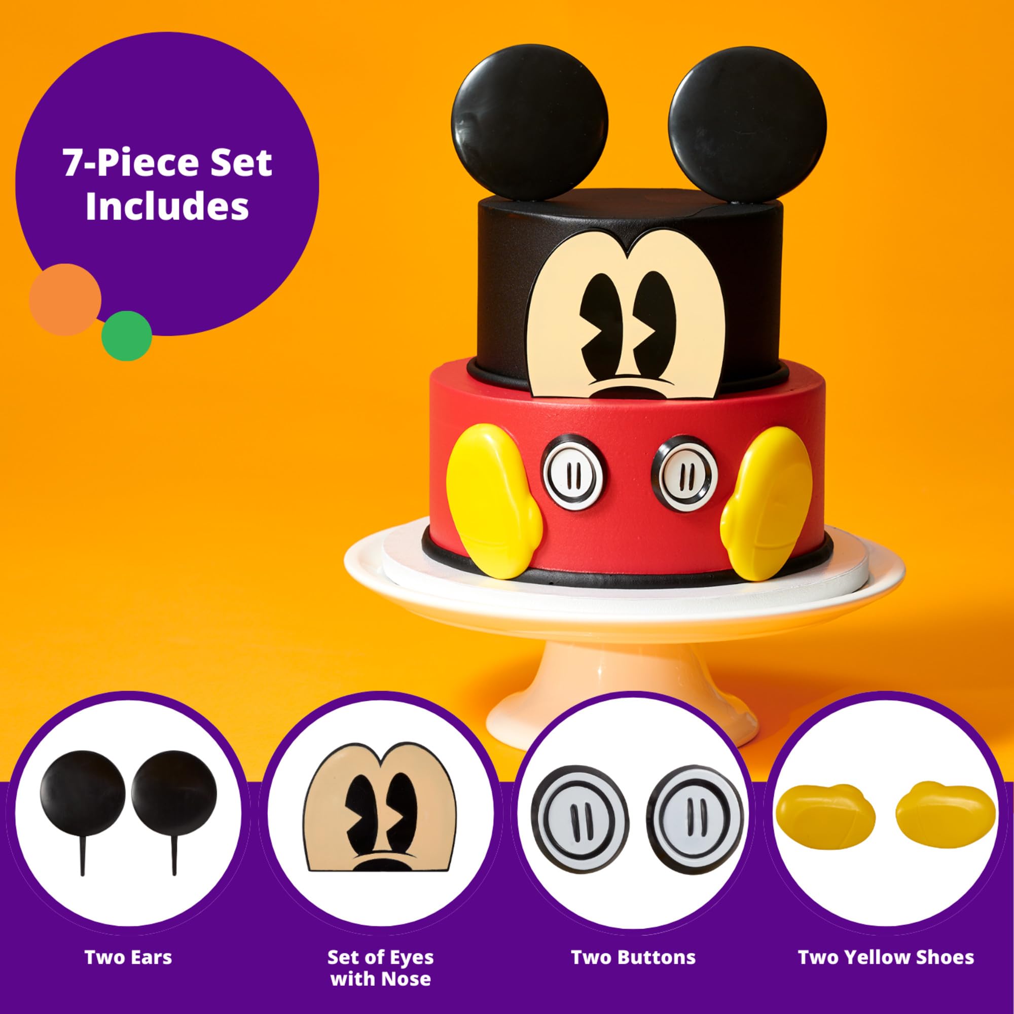 DecoSet Disney Mickey Mouse Cake Topper  7-Piece Topper Set with Ears  Eyes  Buttons and Shoes  Made of Food-Safe Plastic  Multiple  1 SET
