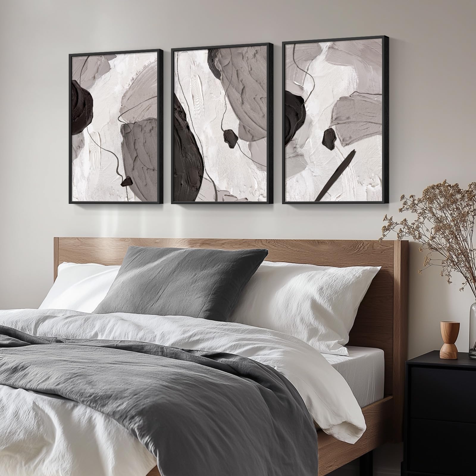 Large Framed Black And White Gray Abstract Canvas Wall Art, Set Of 3 Piece Contemporary Paintings Artwork For Walls, Modern Mini