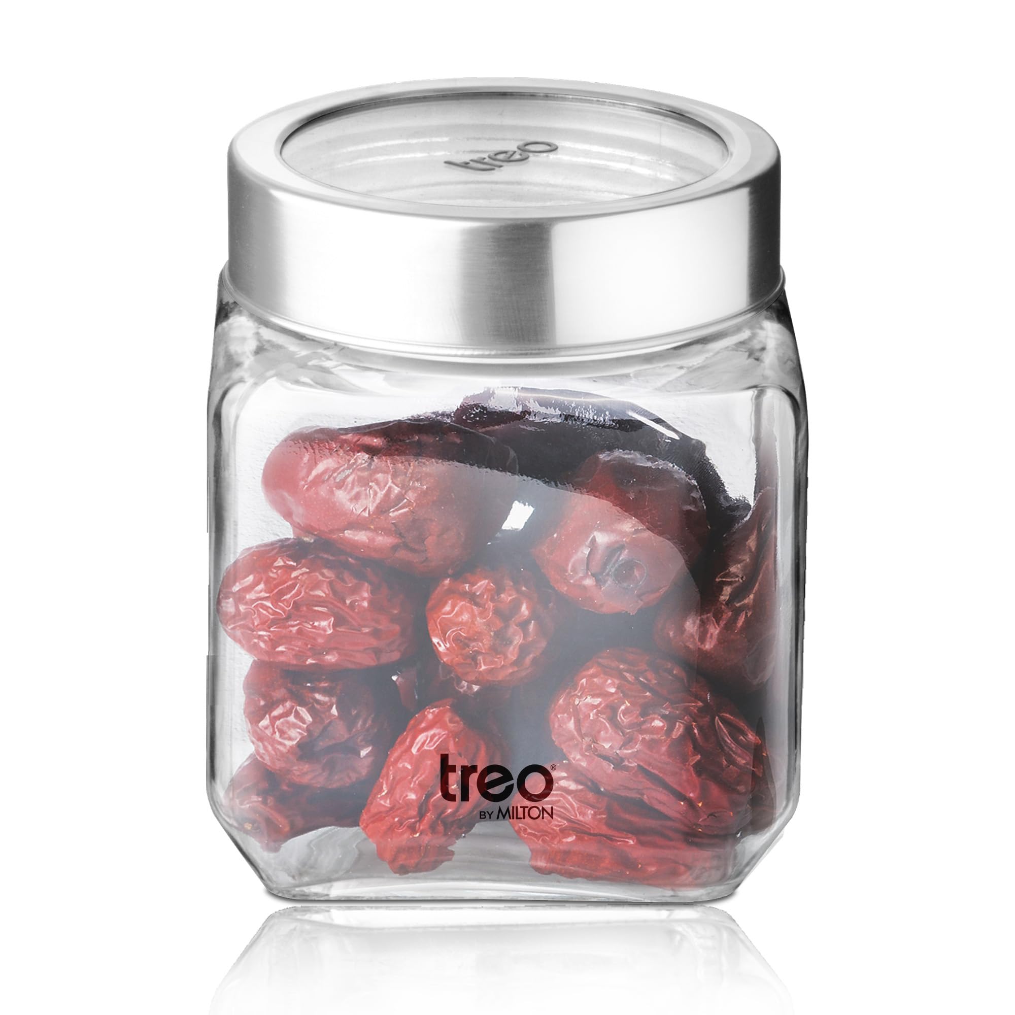 Treo By Milton Cube Storage Containers, 1 Piece, Glass Jar With Air Tight Steel Lid, 580 Ml Each, Transparent Jars For Snacks, P