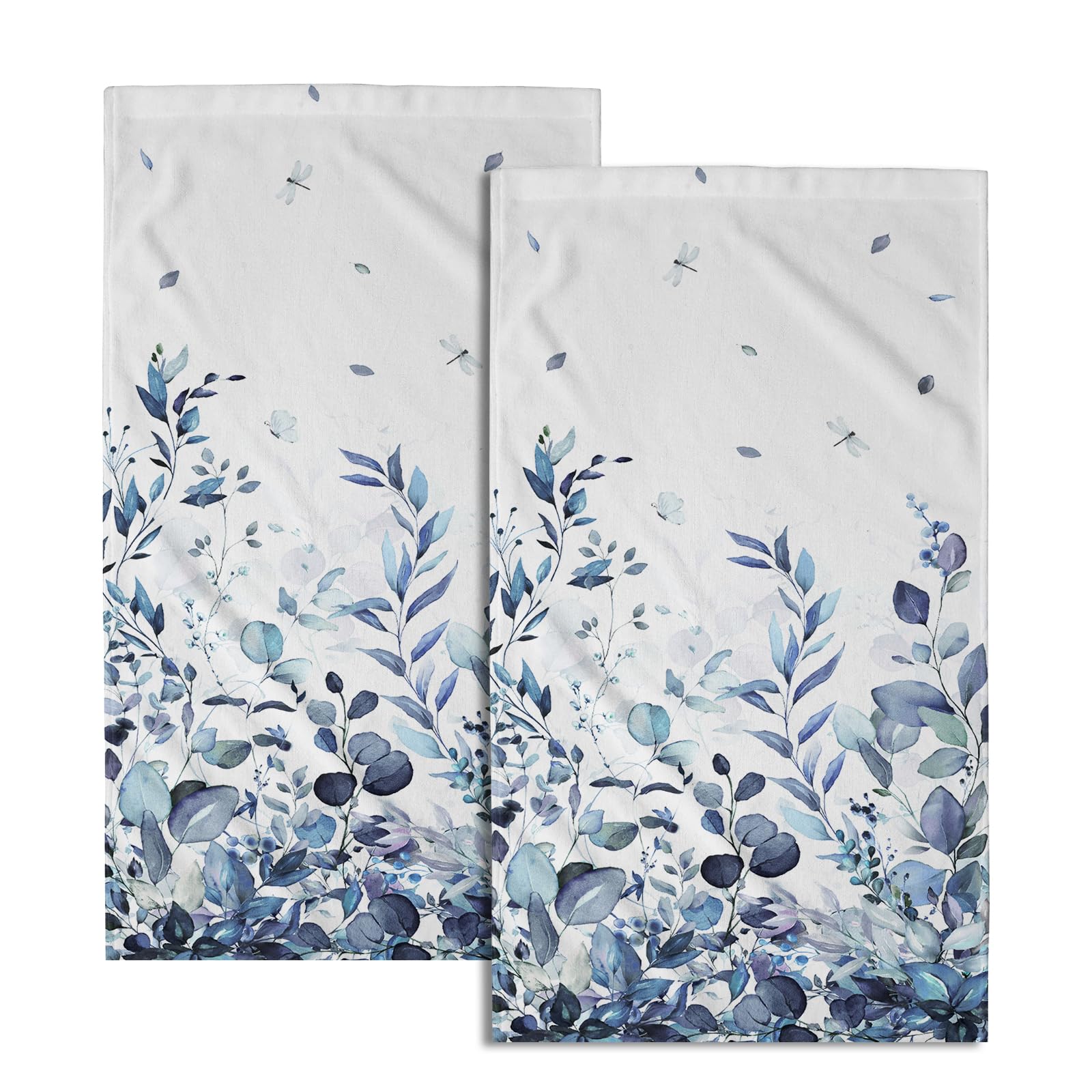 Blue Eucalyptus Leaves Hand Towels Set Of 2, Botanical Leaf Floral Face Towel 28X14 Inch, Quick Dry Super Absorbent Soft Washclo