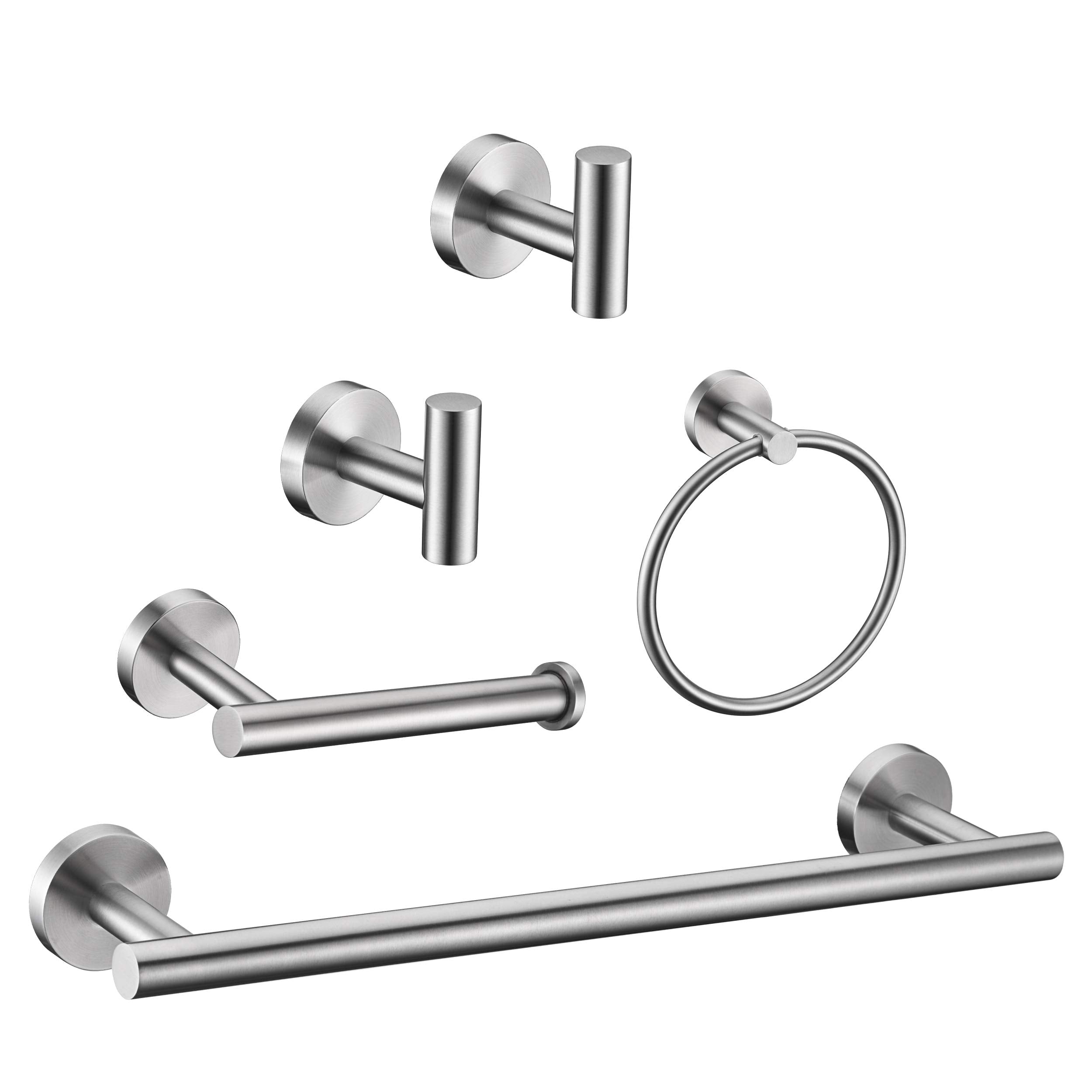5 Pieces Brushed Nickel Bathroom Hardware Set Include 16Inch Towel Bar,2Pcstowel Hooks,Toilet Paper Holder,Hand Towel Ring Round