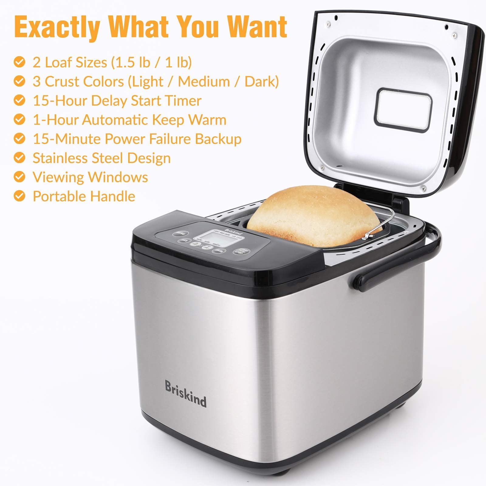 Briskind 19-in-1 Compact Bread Maker, 1.5 lb, Stainless Steel, Model BM8605, Gluten Free, Automatic Keep Warm, 3 Crust Colors