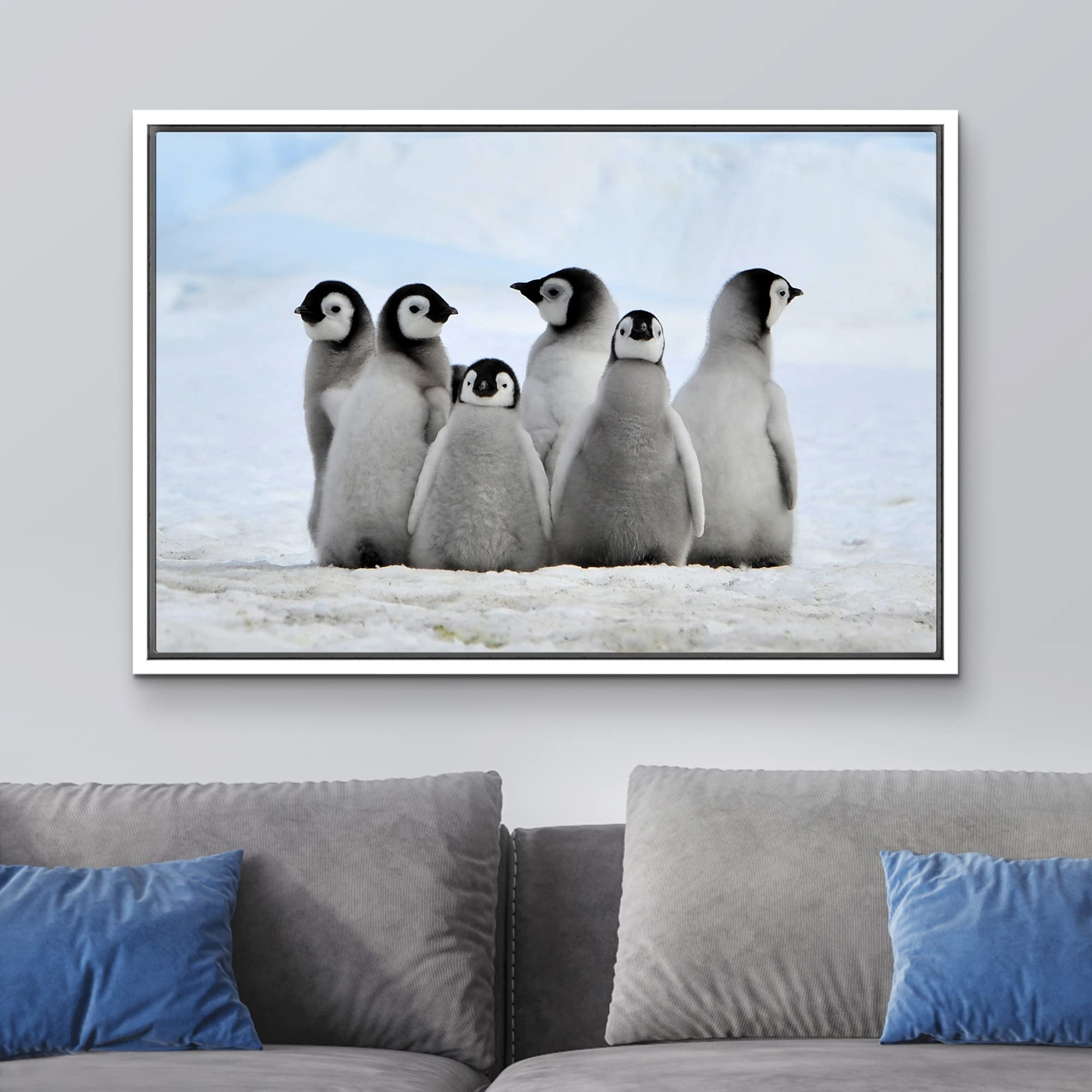 Wall26 - Framed Canvas Wall Art - Little Penguins - Giclee Print Gallery Wrap Modern Home Art Ready To Hang - 24''X36'' White