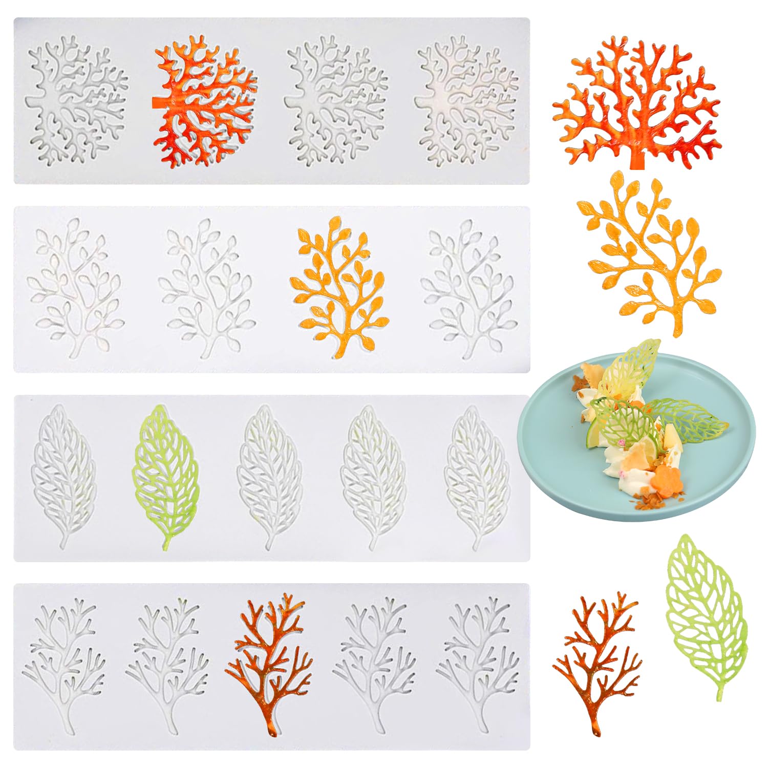 GROWTAIL 4 Pcs Silicone Baking Molds  3D Leaf Tuile Lace Cake Decorating, Coral Branch Chocolate Mould