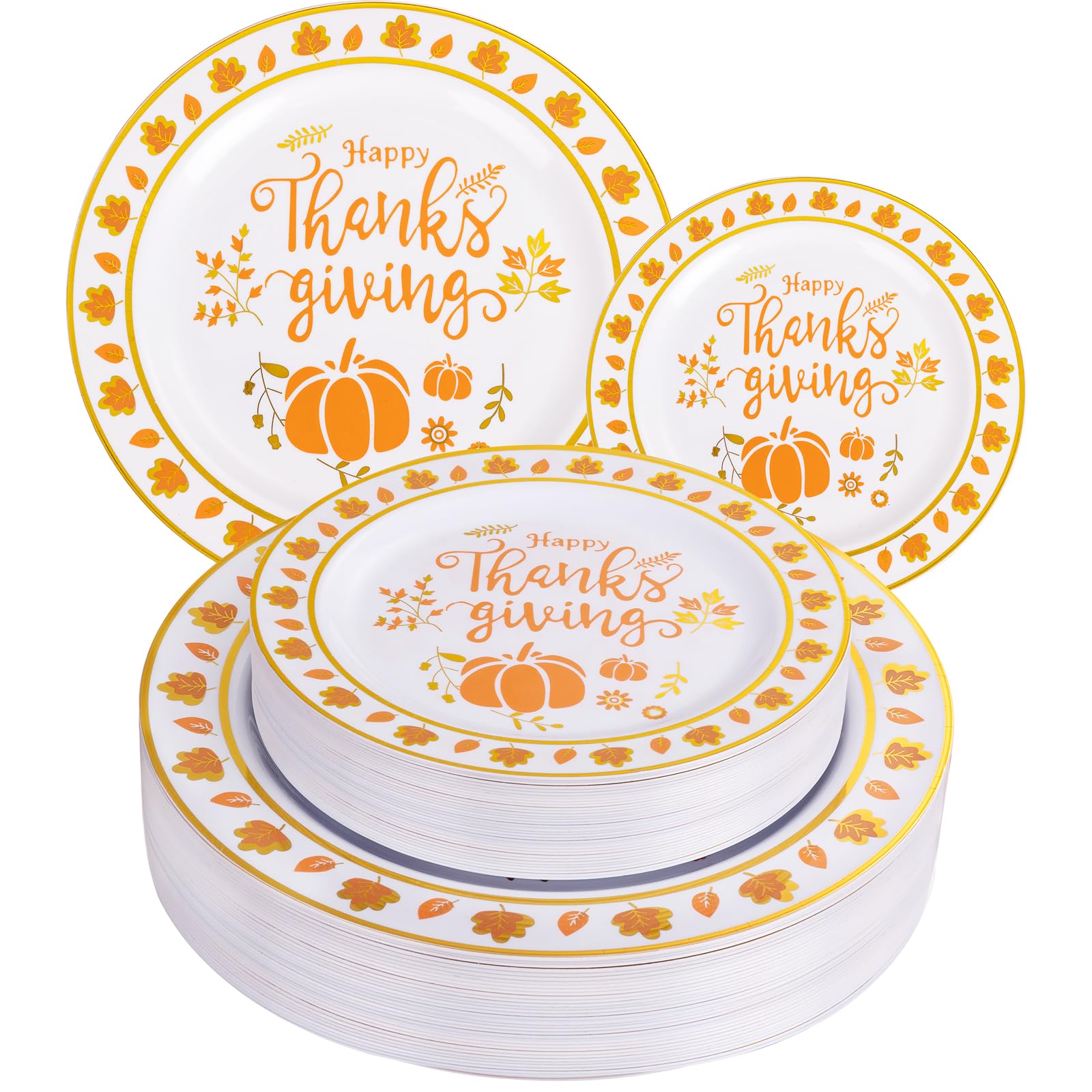 EI 60pcs Thanksgiving Plastic Plates,Thanksgiving Party Supplies,White and Gold Orange Plastic Plates,Fall Plastic Plates Dispos