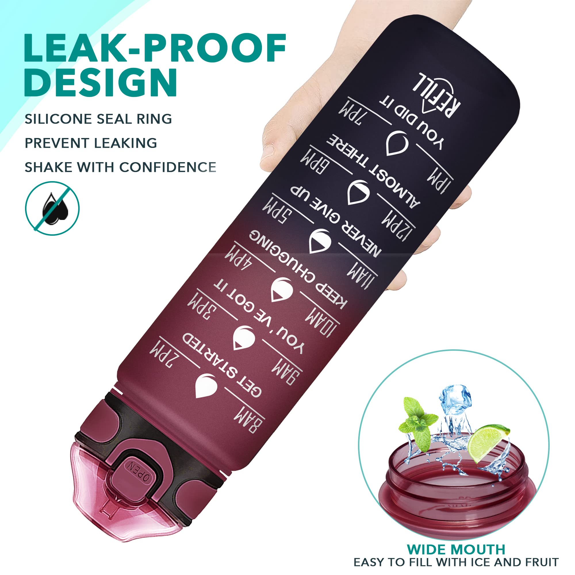 Enerbone 32 Oz Drinking Water Bottle With Times To Drink And Straw, Motivational With Carrying Strap, Leakproof Bpa & Toxic Free