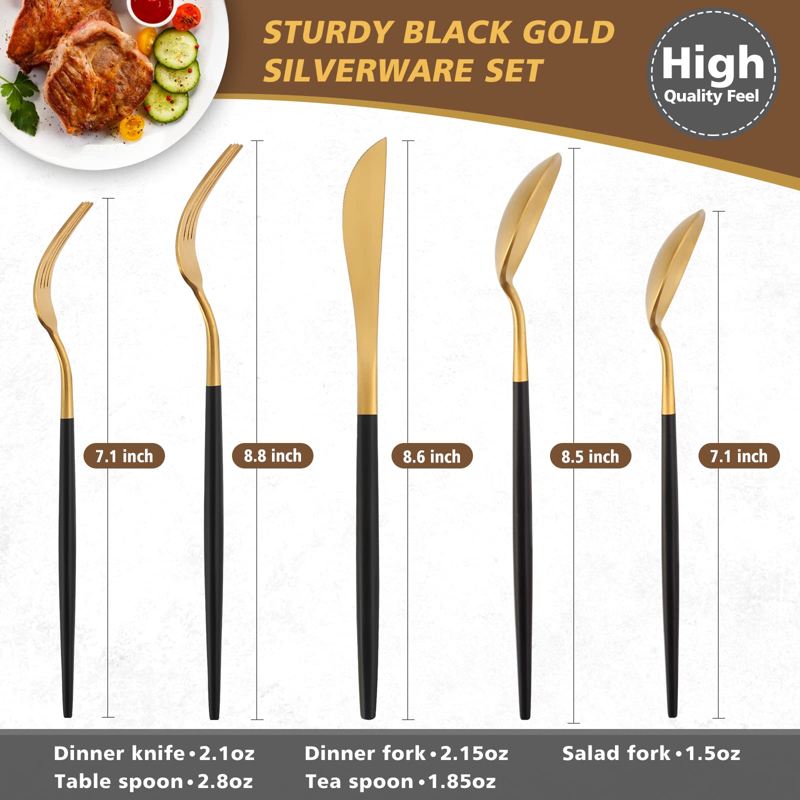 Matte Black Gold Silverware Set  Oliviola 20-Piece Stainless Steel Flatware Cutlery Set Service for 4  Satin Finish Kitchen Utensil Set  Dishwasher Safe