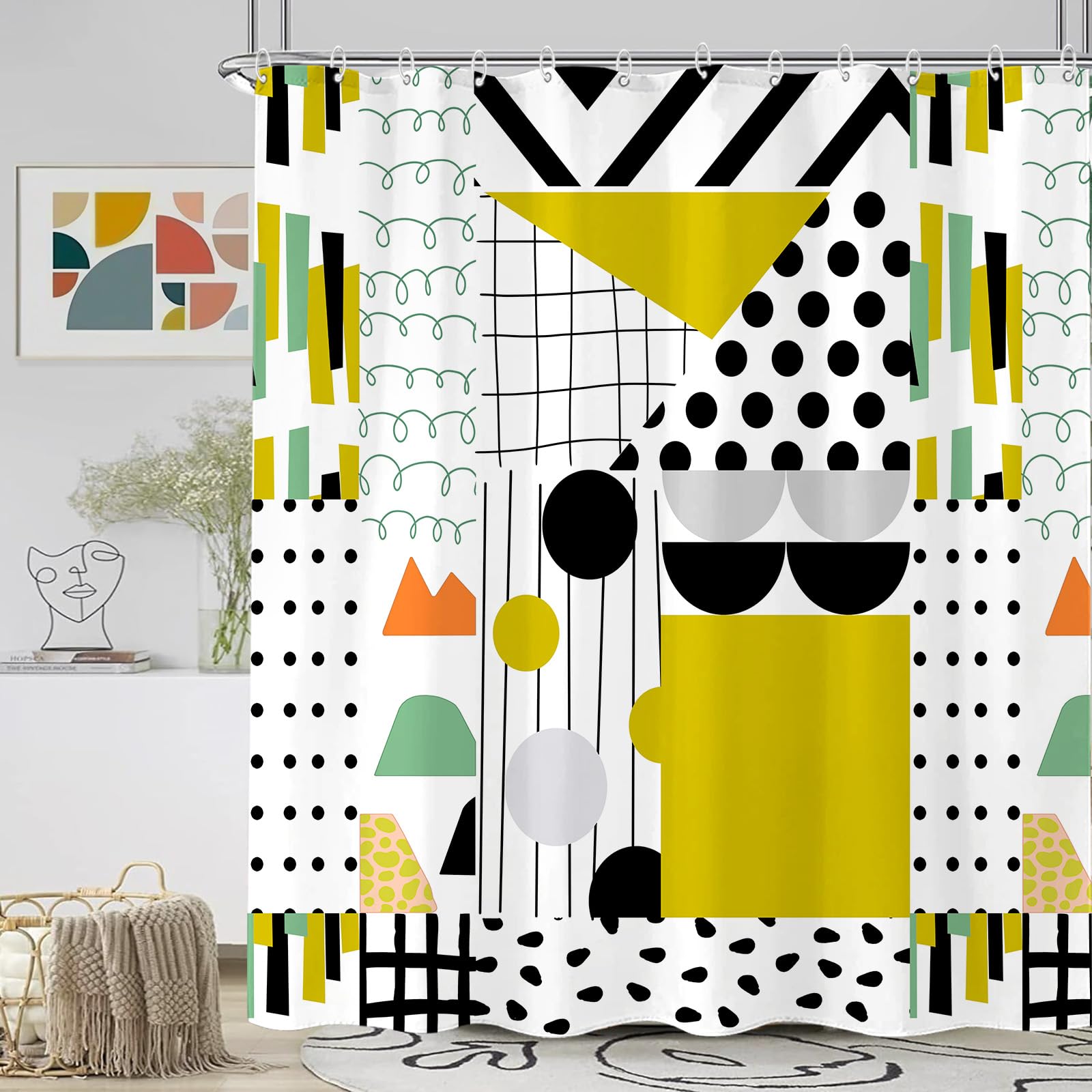Zussun 84 Inch Extra Long Bright Geometric Shower Curtain Mid Century Modern Shower Curtains for Bathroom Abstract Yellow Black White Waterproof Fabric Bath Curtain with Hooks (Yellow2  72'' x 84'')