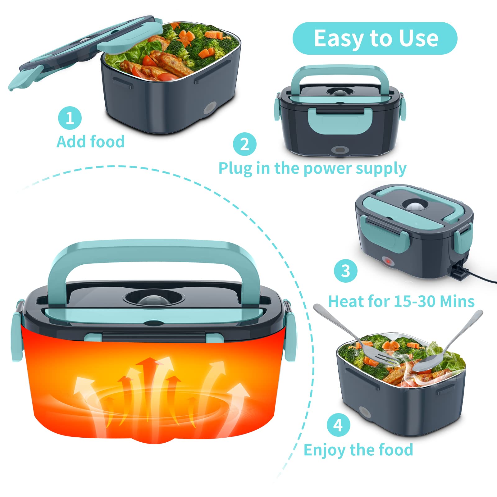 Charmdoo Electric Lunch Box, Food Warmer Heater 12V 24V 110V, 80W Faster Heated Lunch Box For Car/Truck/Home Portable Heating Bo