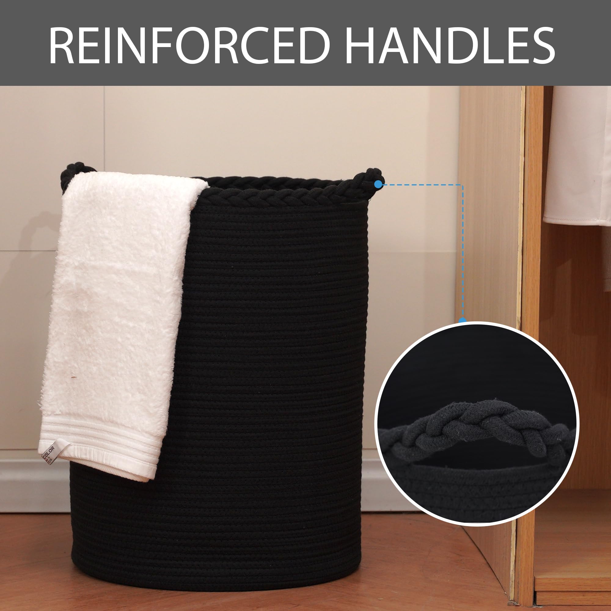 Homlikelan 72L Woven Laundry Basket,Cotton Tall Laundry Hamper For Blankets,Clothes,Pillows,Toys,Shoes Large Laundry Bin Black