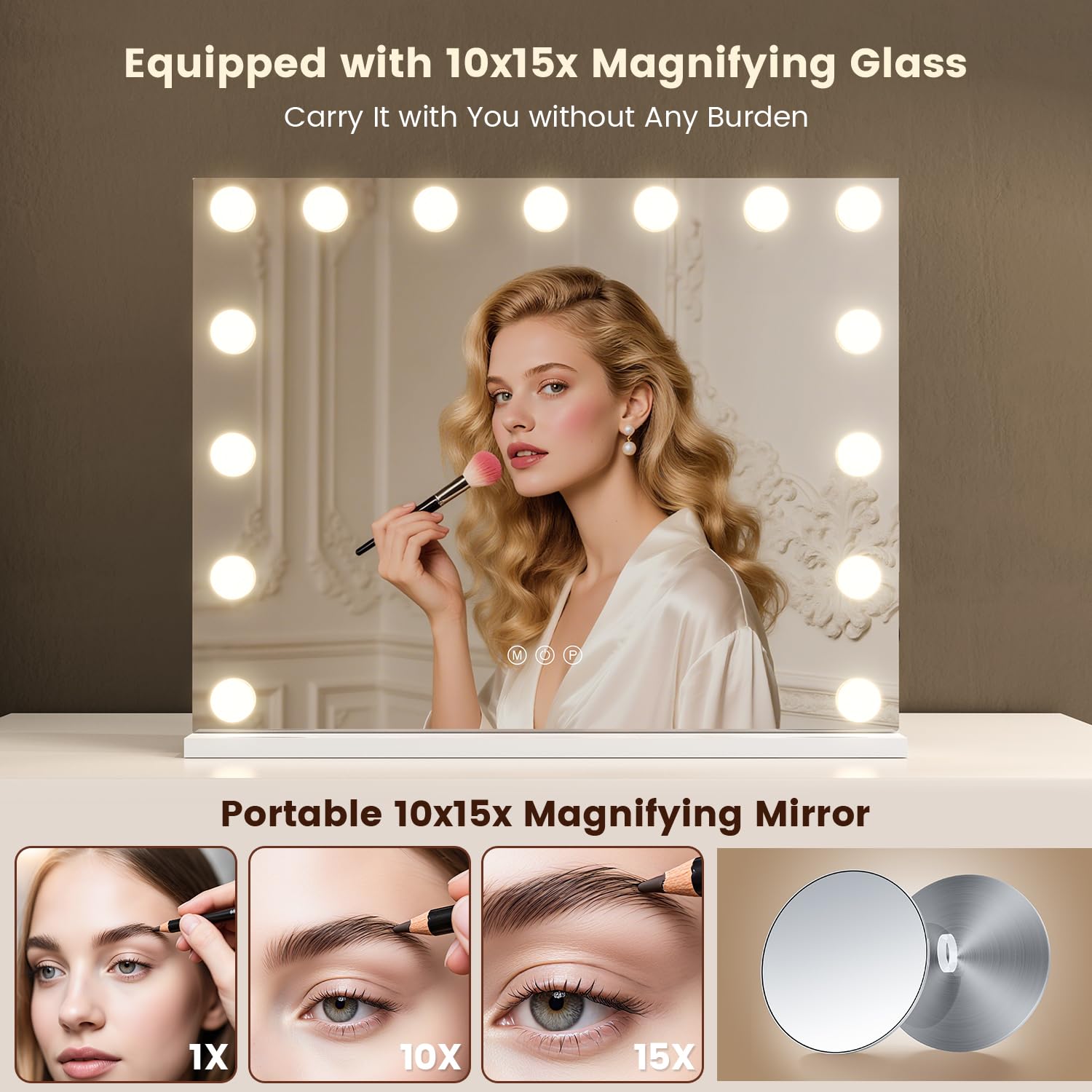 VESAUR Large Vanity Mirror with Lights, Hollywood Makeup Mirror with 15 Dimmable Bulbs 3 Light Colors, Detachable 1X/10X/15X Mag