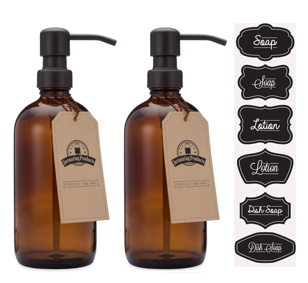 Jarmazing Products Amber Glass Jar Soap And Lotion Dispenser - 2 Pack - With Matte Black Pump - 16 Oz