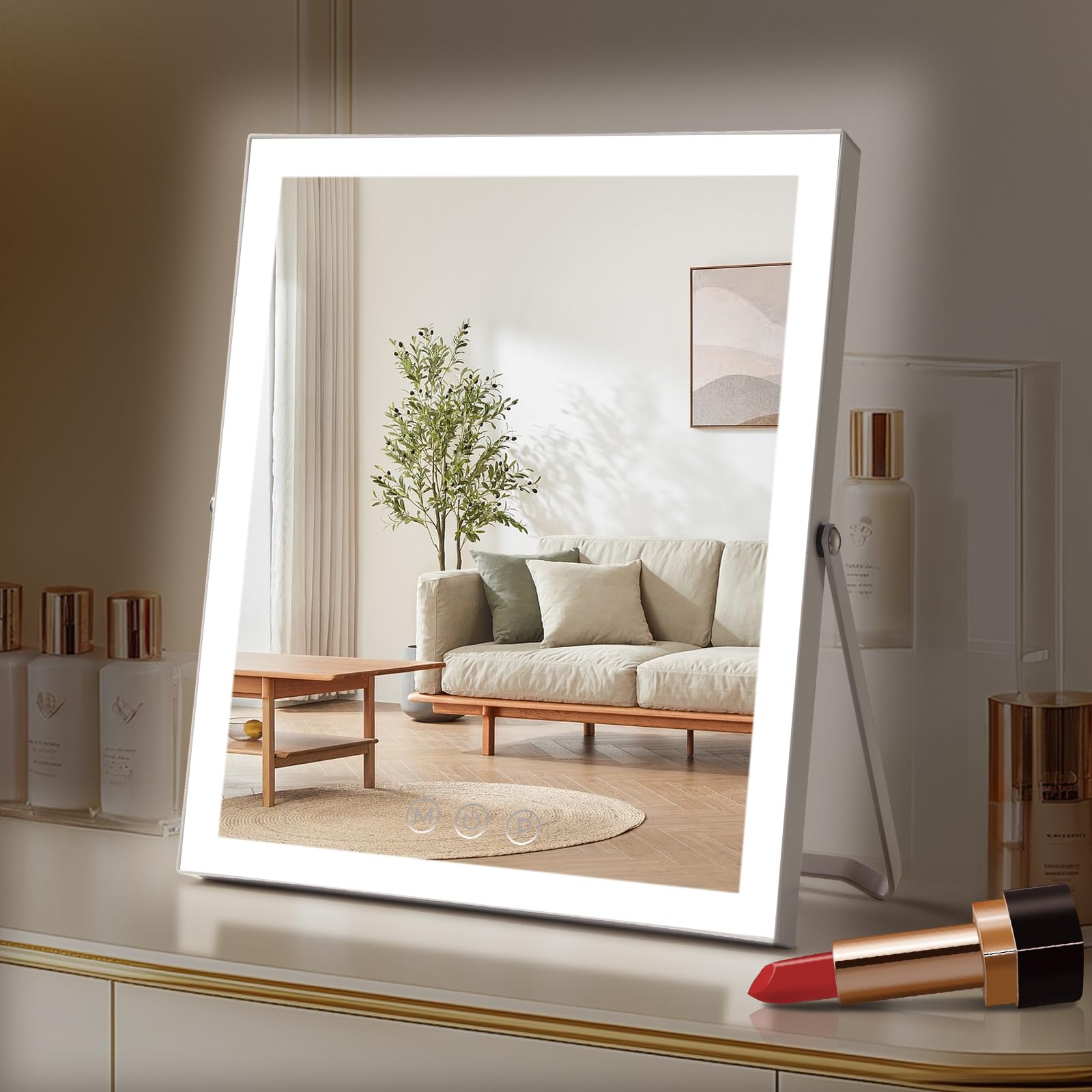 Vanity Mirror With Lights,10''X12'' Lighted Makeup Mirror, 3 Colors Dimmable, 360 Degree Rotation Makeup Mirror With Lights, Dua
