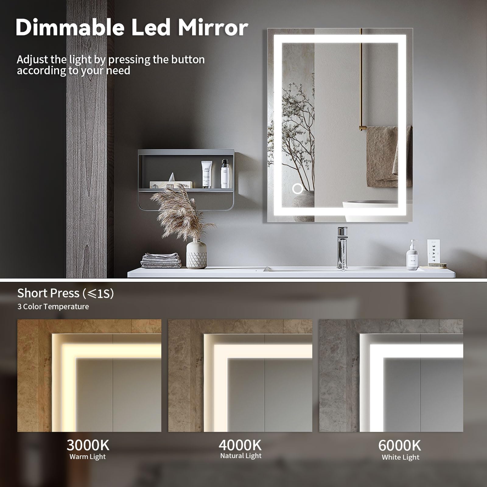 Speculux Led Bathroom Mirror With Lights 24'' X 32'', Bathroom Vanity Mirrors Wall Mounted, 3 Color Modes Dimmable Smart Touch F