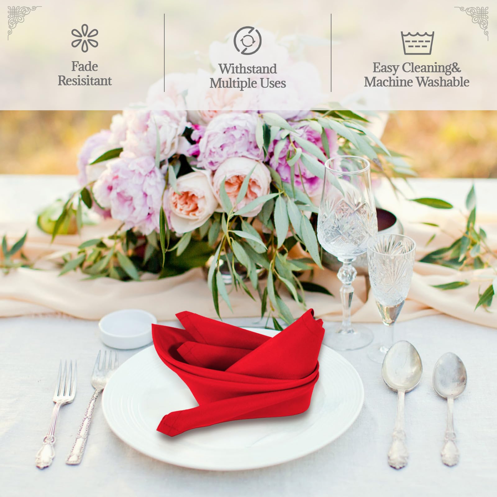 PLOYMONO Red Heavy Duty Cloth Napkins - 17 x 17 Inch Solid Washable Polyester Dinner Napkins - Set of 8 Napkins with Hemmed Edges - Great for Weddings  Parties  Banquets Dinner & More