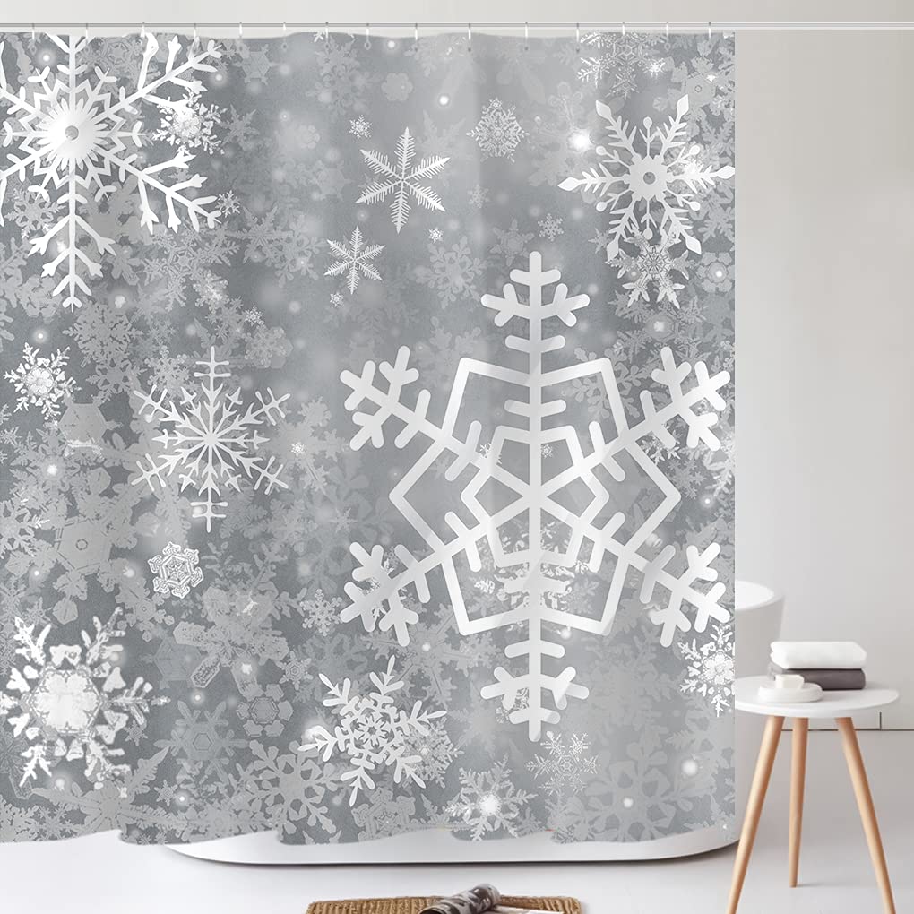 Tititex Merry Christmas Snowflake Shower Curtain Set, Happy Holiday Winter Grey Bathroom Decorative Winter Waterproof Fabric 71X