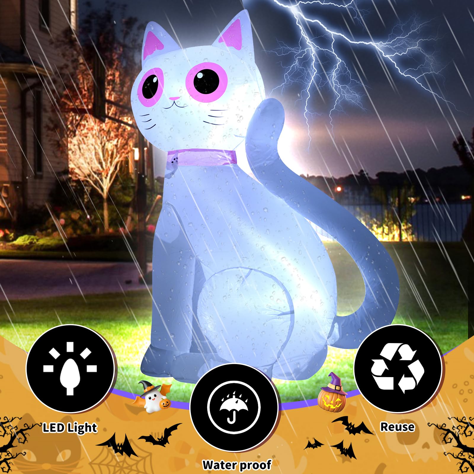 3.5FT Halloween Inflatable Decor White Cat with LED Lights Halloween Indoor Outdoor Blow Up Decorations Party Holiday Decor