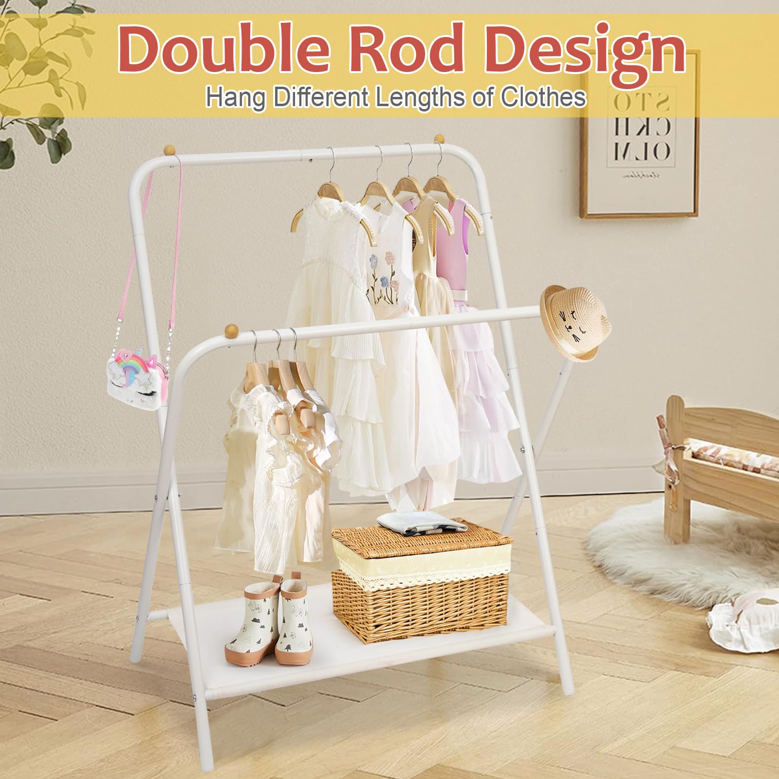 YGJT Kids Clothing Rack 2 Rods, Dress Up Storage for Little Girls with Bottom Storage Shelf, Cute Toddler Wardrobe Cloest Garmen