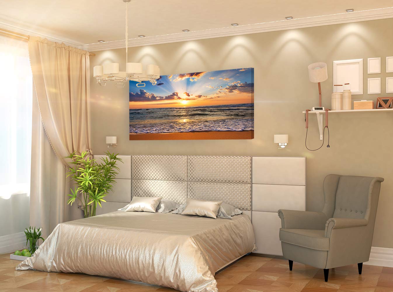 Muolunna BK1862 Wall Art Decor Large Canvas Print Picture Sunrise Ocean Beach Waves Scenery Painting Artwork for Office Wall Decor Home Decoration Stretched and Framed Ready to Hang Xlarge  24x48inch x1pcs