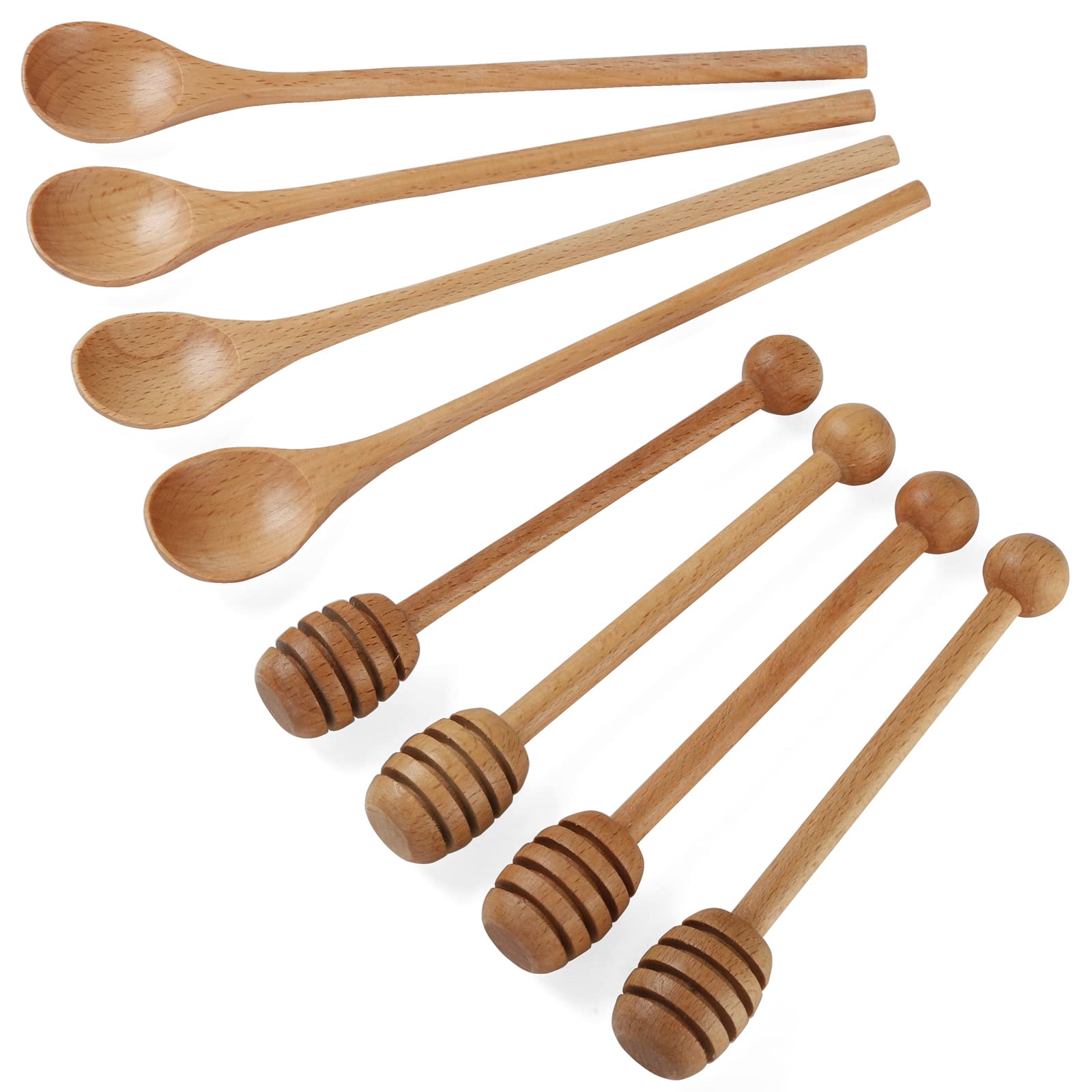 4 Pcs 6 Inch Honey Dipper Sticks And 4 Pcs 7.87 Inch Coffee Stirring Spoons, Beech Wooden Honey Spoon Stirrer For Honey Jar Disp