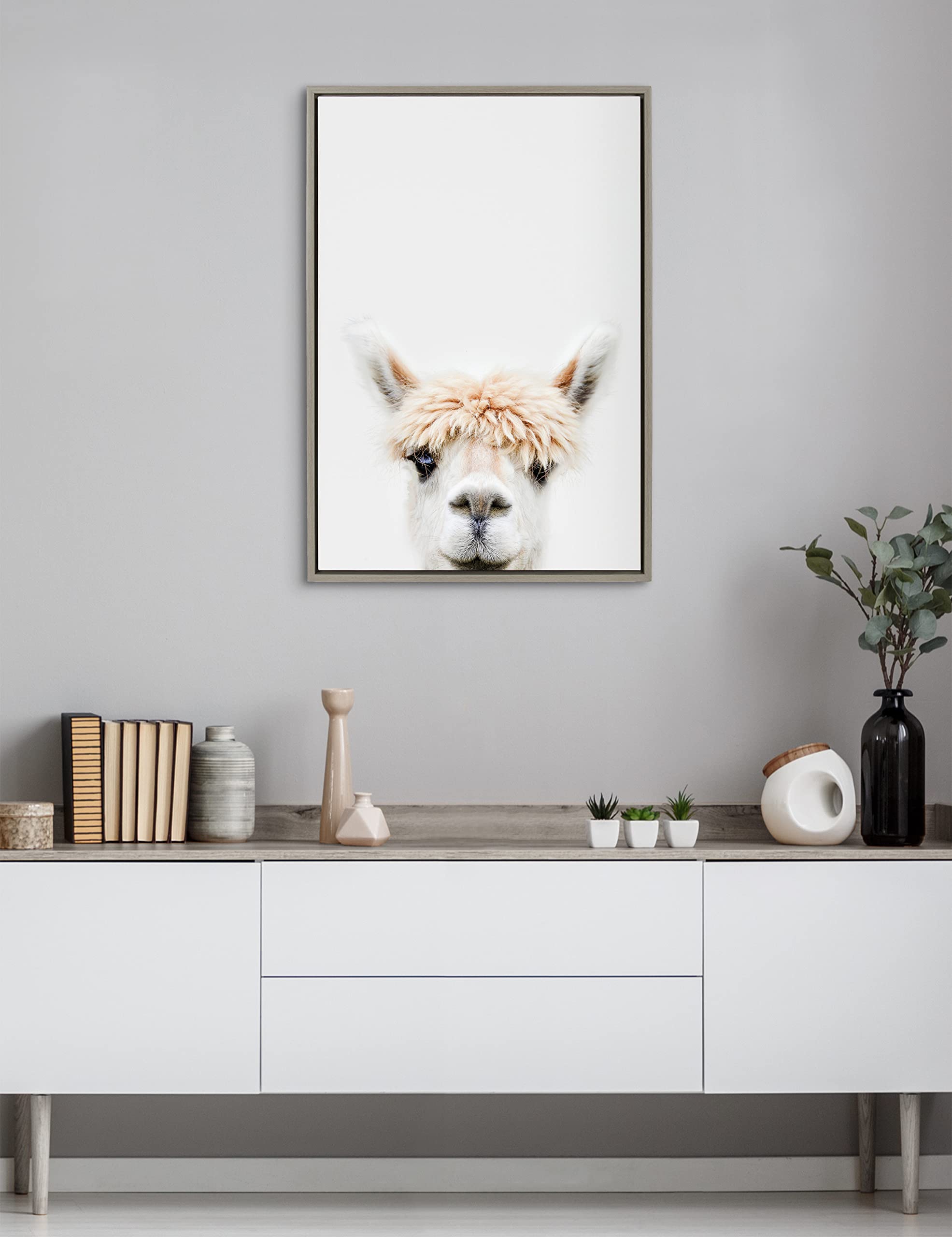 Kate And Laurel Sylvie Alpaca Bangs Framed Canvas Wall Art By Amy Peterson Art Studio, 23X33 Gray, Decorative Adorable Animal Ar