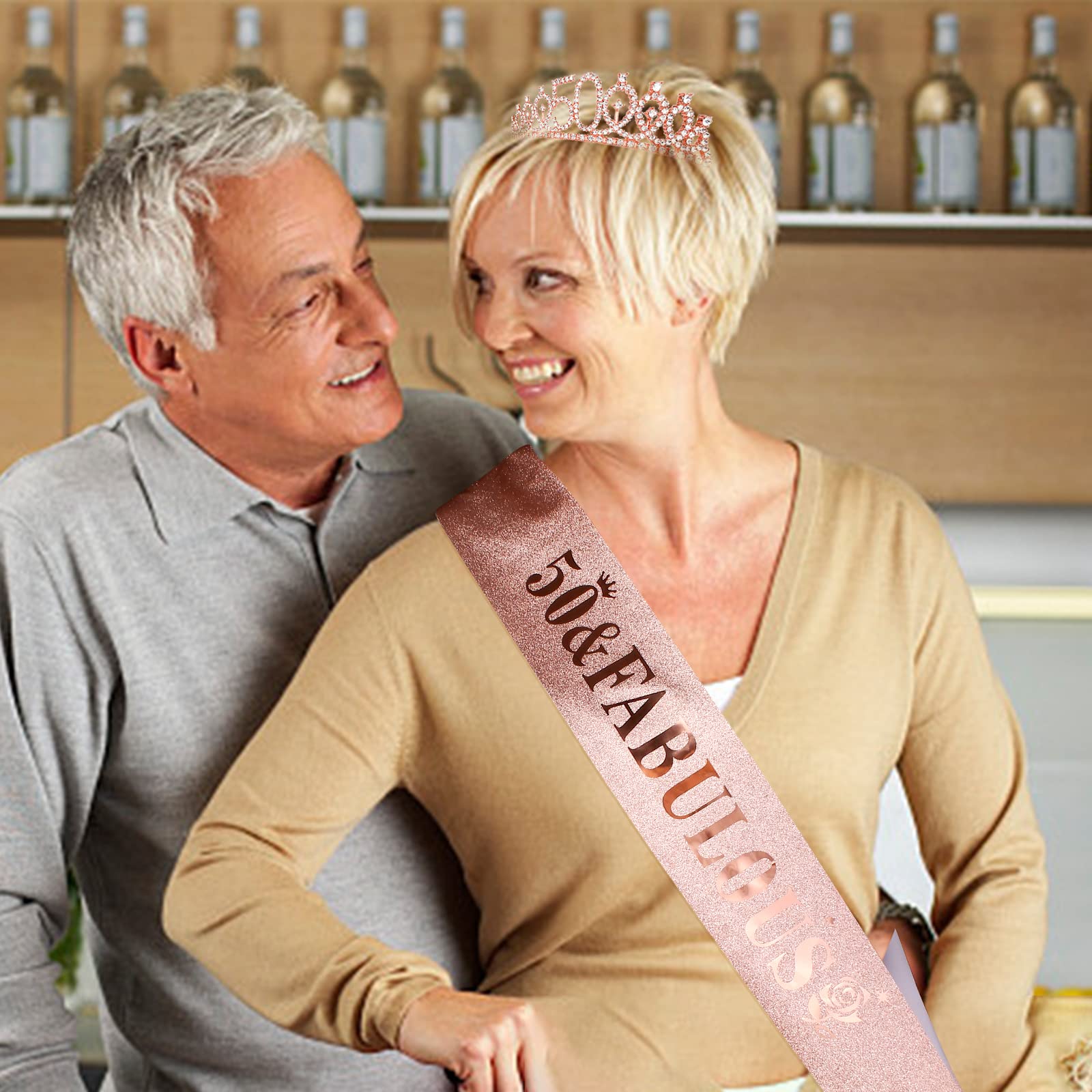 50Th Birthday Sash And Tiara For Women, Rose Gold Crown ''50 And Fabulous'' Sash & Crown Set, 50Th Birthday Gifts For Women, 50T