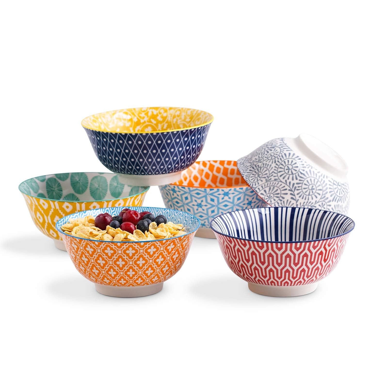 Selamica 7 inches Porcelain Cereal Bowl Set - Set of 6, Ceramic bowls, Soup Bowl Set for Cereal, Soup, Salad and Pasta, Assorted