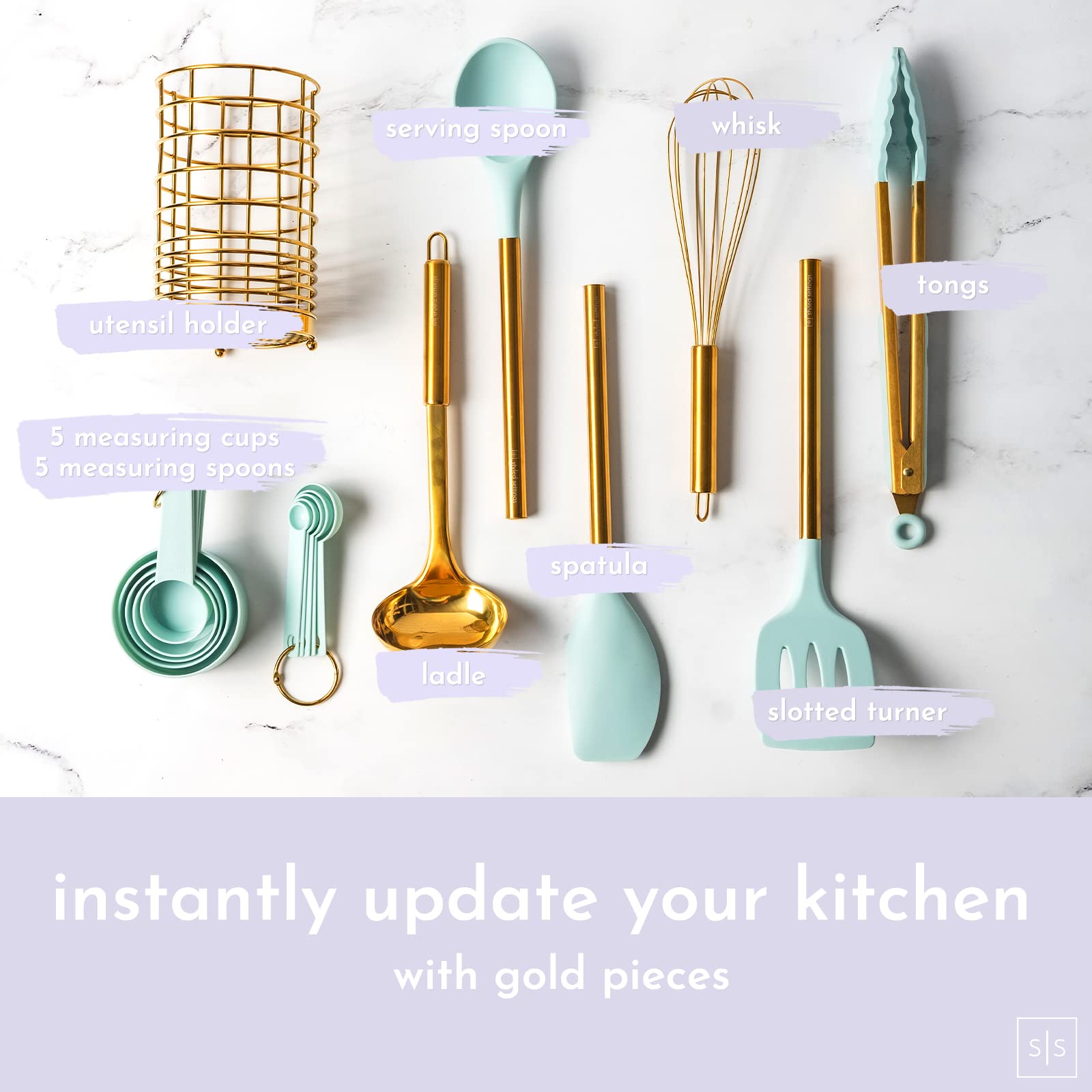 Teal Kitchen Utensils Set With Holder - 17Pc Teal & Gold Cooking Utensils For Nonstick Cookware Includes Gold Utensil Holder - T