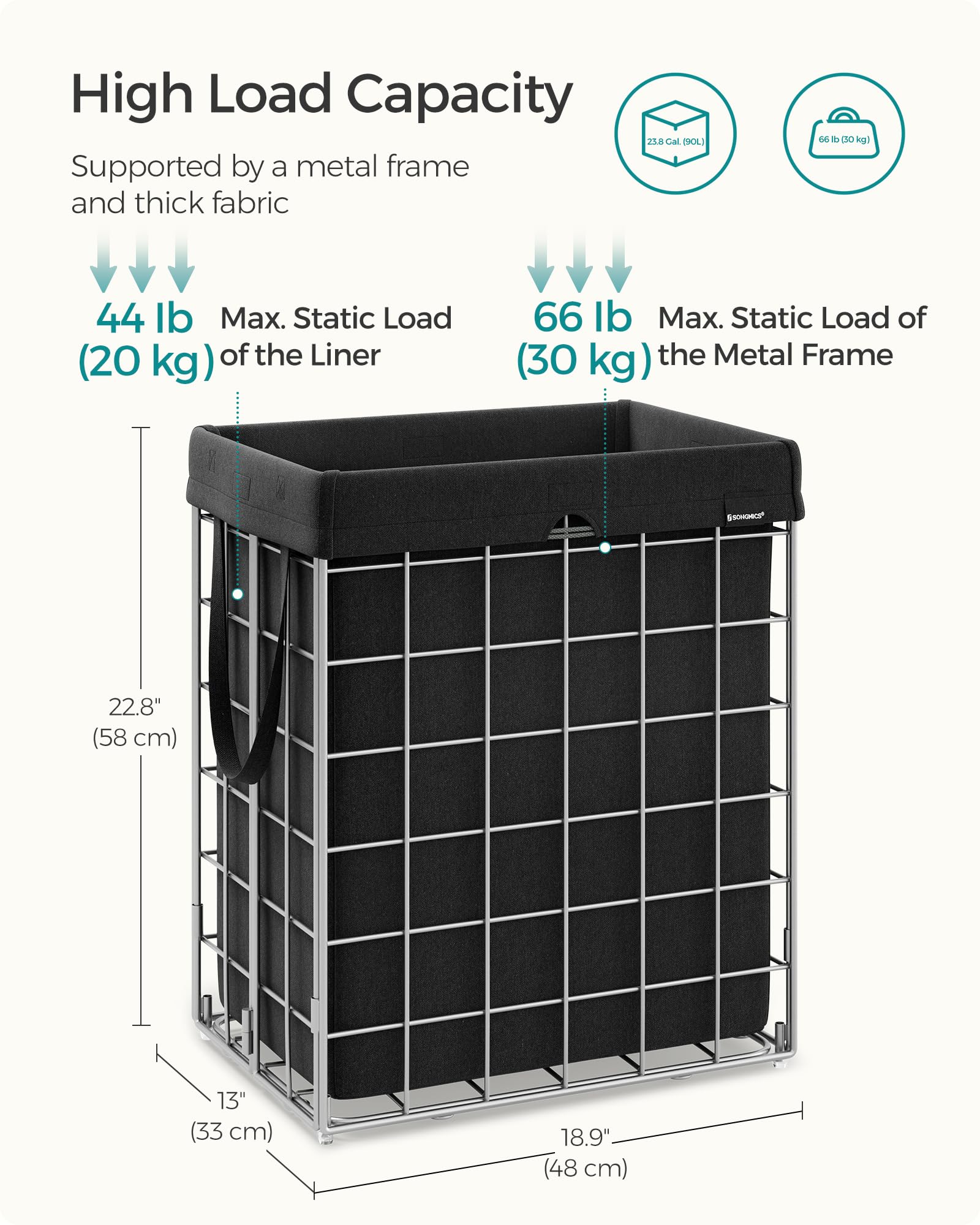 Songmics Laundry Hamper, 23.8 Gal. (90L) Laundry Basket, Collapsible Clothes Hamper, Removable And Washable Liner, Metal Wire Fr