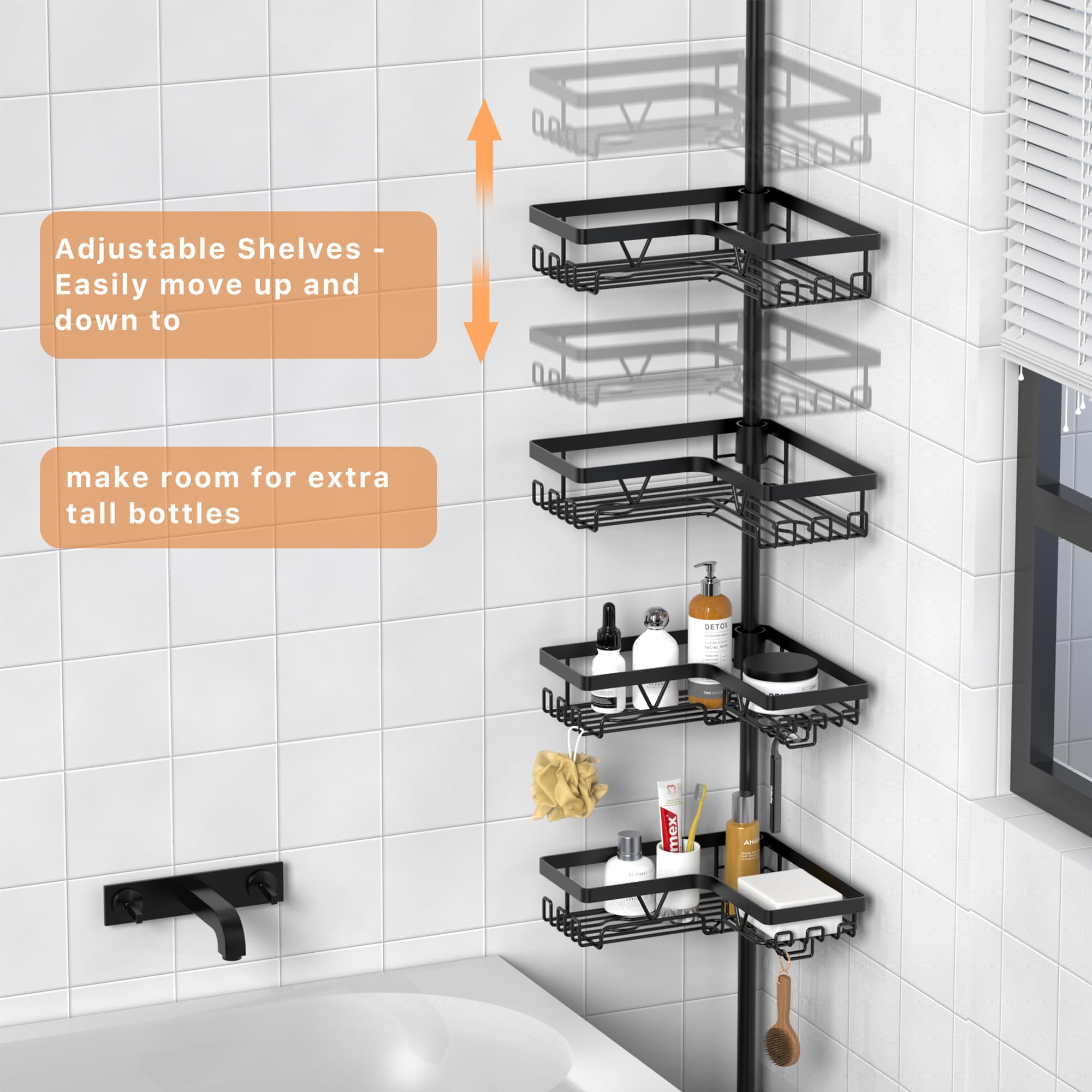 Kegii Corner Shower Caddy Tension Pole - Shower Tension Rod Organizer, Floor To Ceiling Shower Caddy 25-114.2 Inch, Towel Rack C