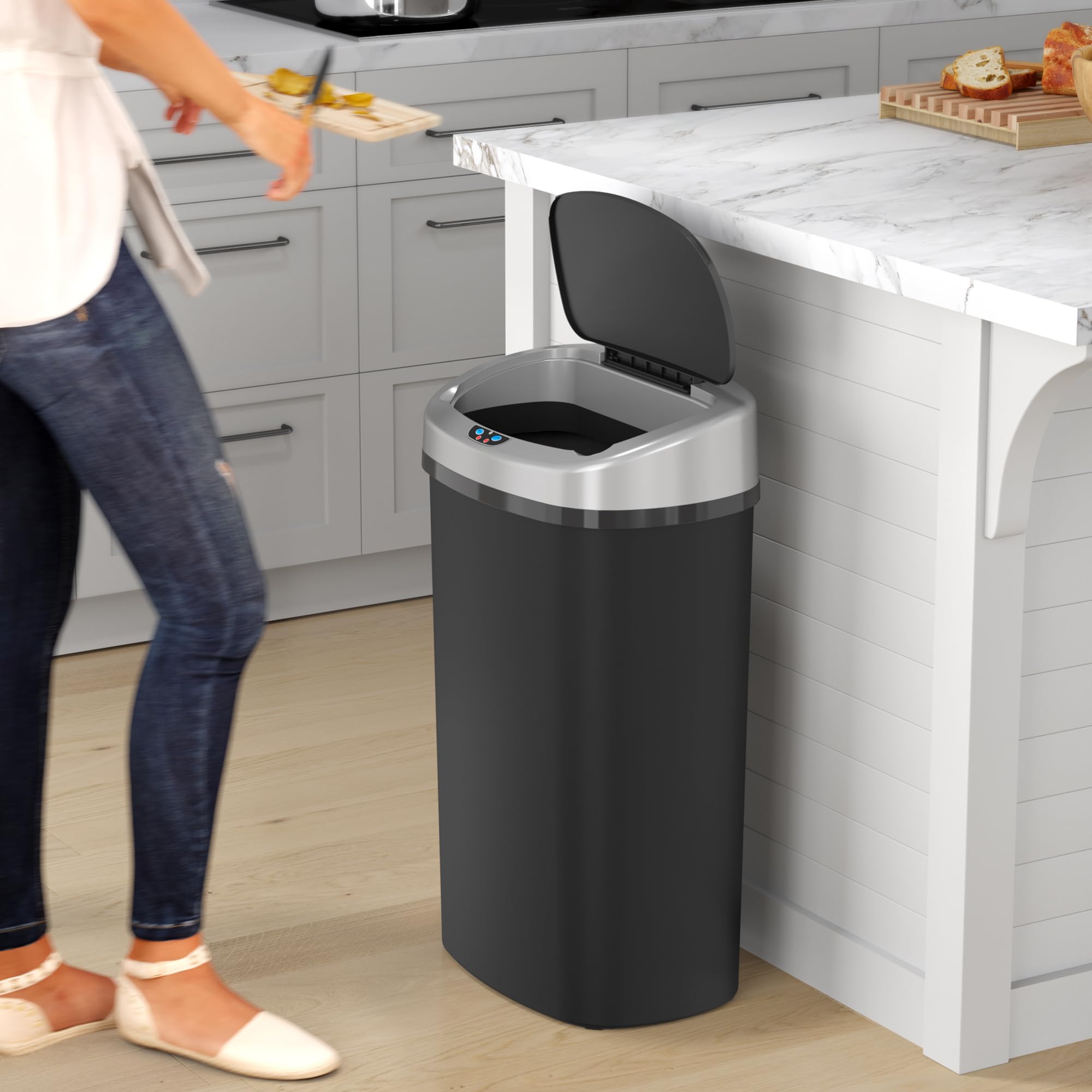 Itouchless 13 Gallon Oval Sensor Kitchen Trash Can With Odor Filter System, Durable Dent-Proof Automatic Lid Plastic Garbage Bin
