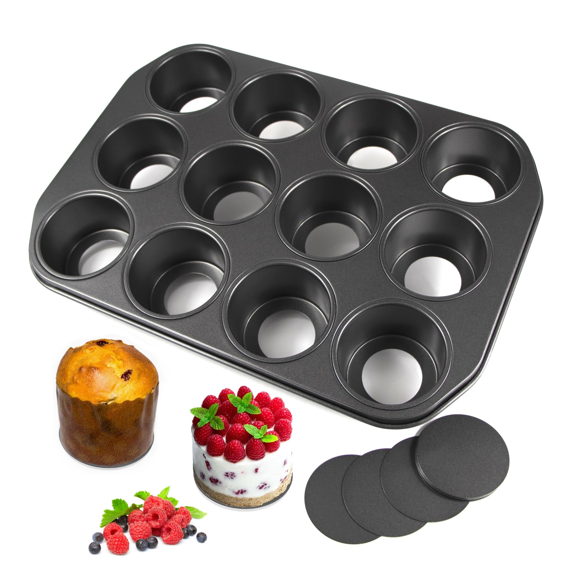 Wrenbury Pro Mini Cheesecake Pans Removable Bottom 12 Hole - Heavy Gauge Carbon Steel Muffin Cupcake Pan Loose Bottom Springform