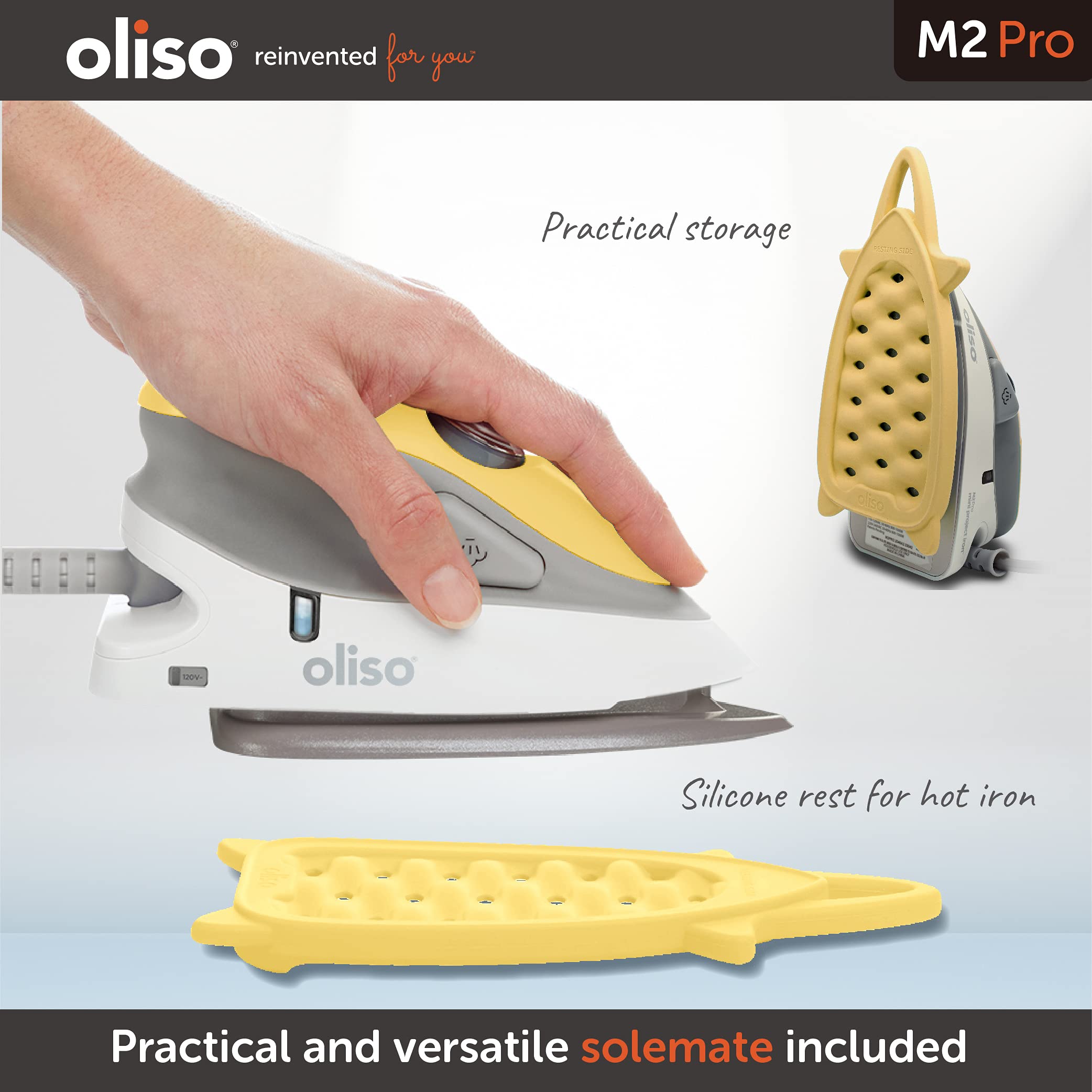 Oliso M2 Mini Steam Iron - 1000W Dual Voltage, Ceramic Soleplate, Yellow, Ideal for Sewing, Quilting, Crafting, and Travel