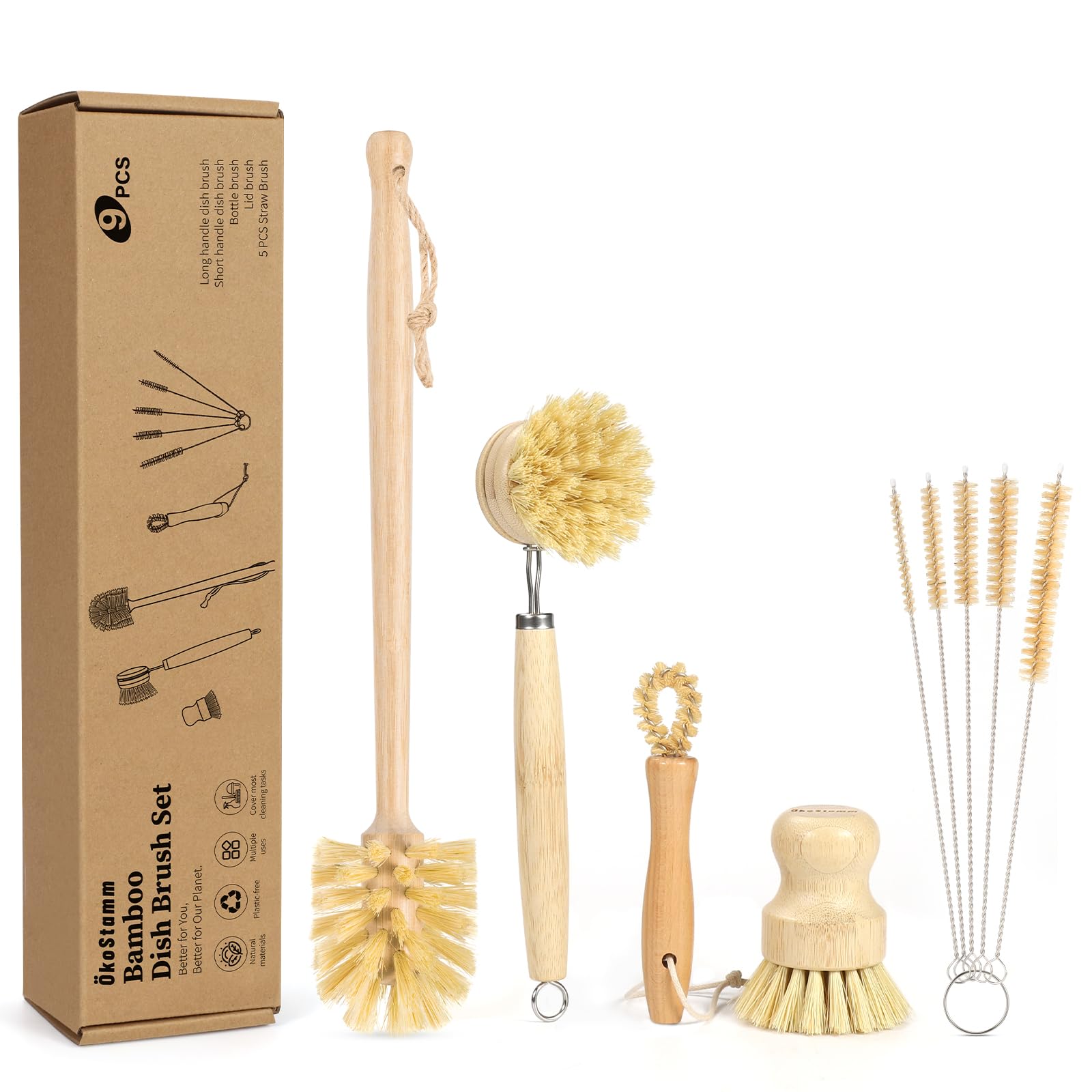koStamm 9PCS Bamboo Dish Brush Set with Bottle Brush and Straw Brushes