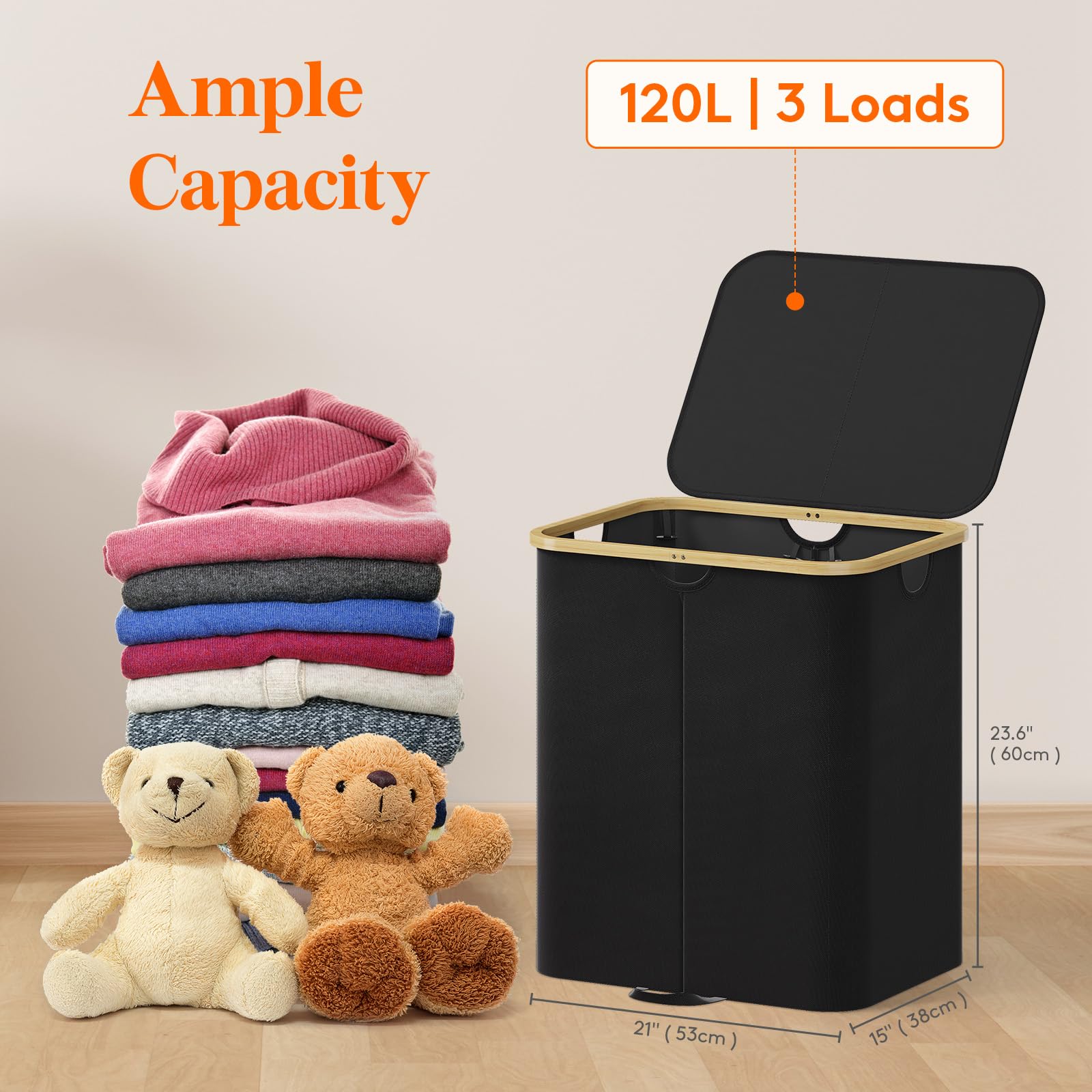 Lifewit 120L Double Laundry Hamper With Lid, Large Laundry Basket With Bamboo Handles And Removable Laundry Bags, Foldable Cloth