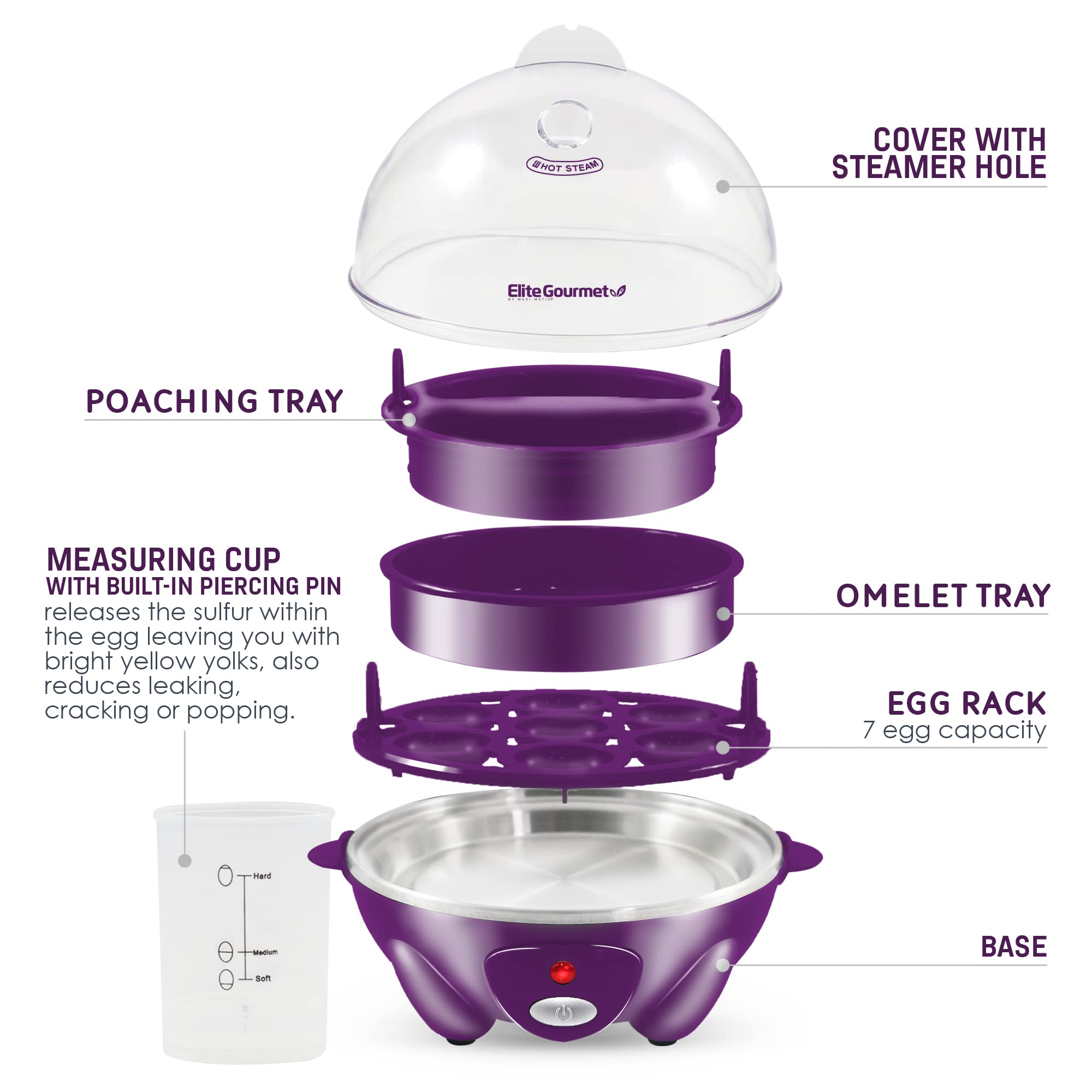 Elite Gourmet Easy Electric 7 Egg Capacity Cooker  Poacher  Omelet Maker  Scrambled  Soft  Medium  Hard Boiled with Auto Shut-Off and Buzzer  BPA Free