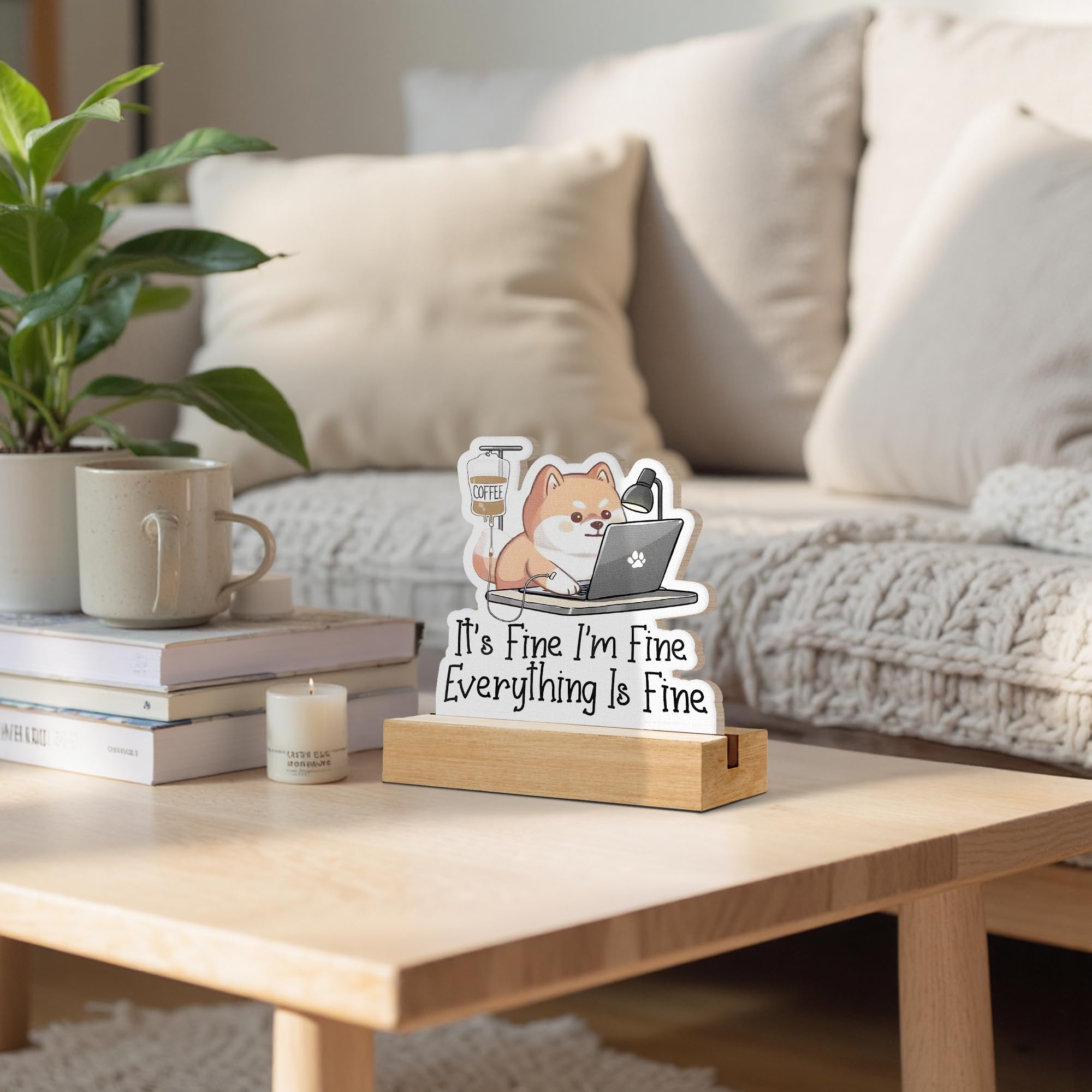CTYNU Funny Dog Coffee Desk Decor Sign, Im Fine, Everything Is Fine Dog Shaped Wood Sign Plaque with Wooden Stand for Home Offic